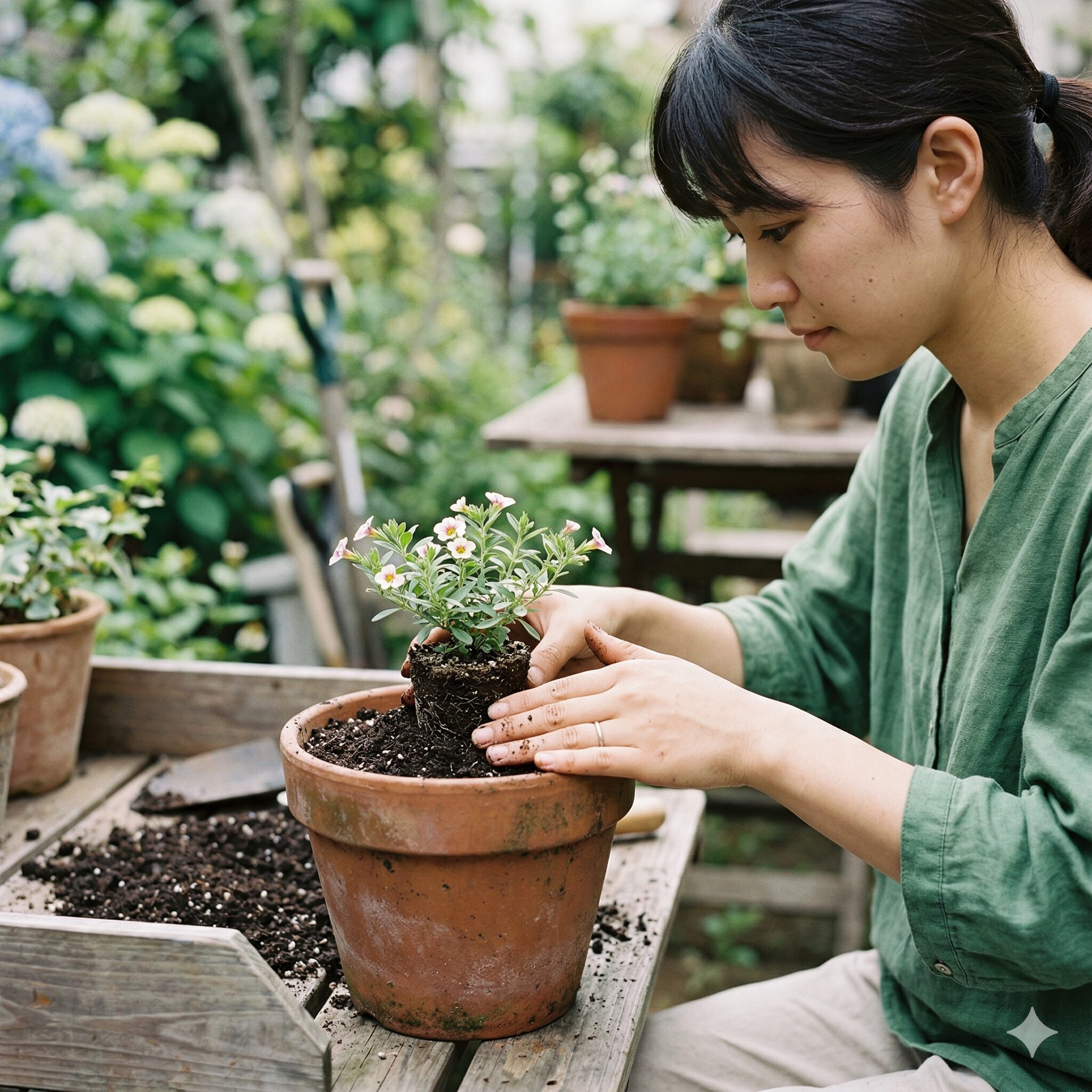 フェアリースター いつまで3　立ち枯れ病を防ぐために苗の土の表面を少し高くして植えるフェアリースターの正しい浅植え方法