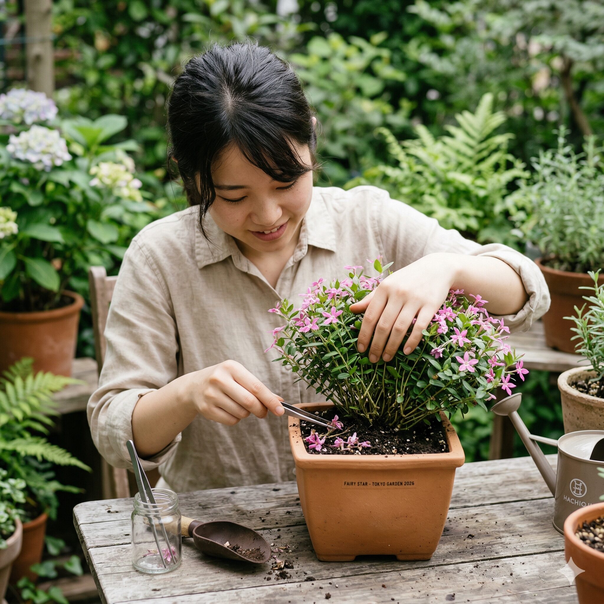 フェアリースター いつまで5　病気予防のためにフェアリースターの株元に落ちた花がらや黄色い葉を掃除するメンテナンス作業