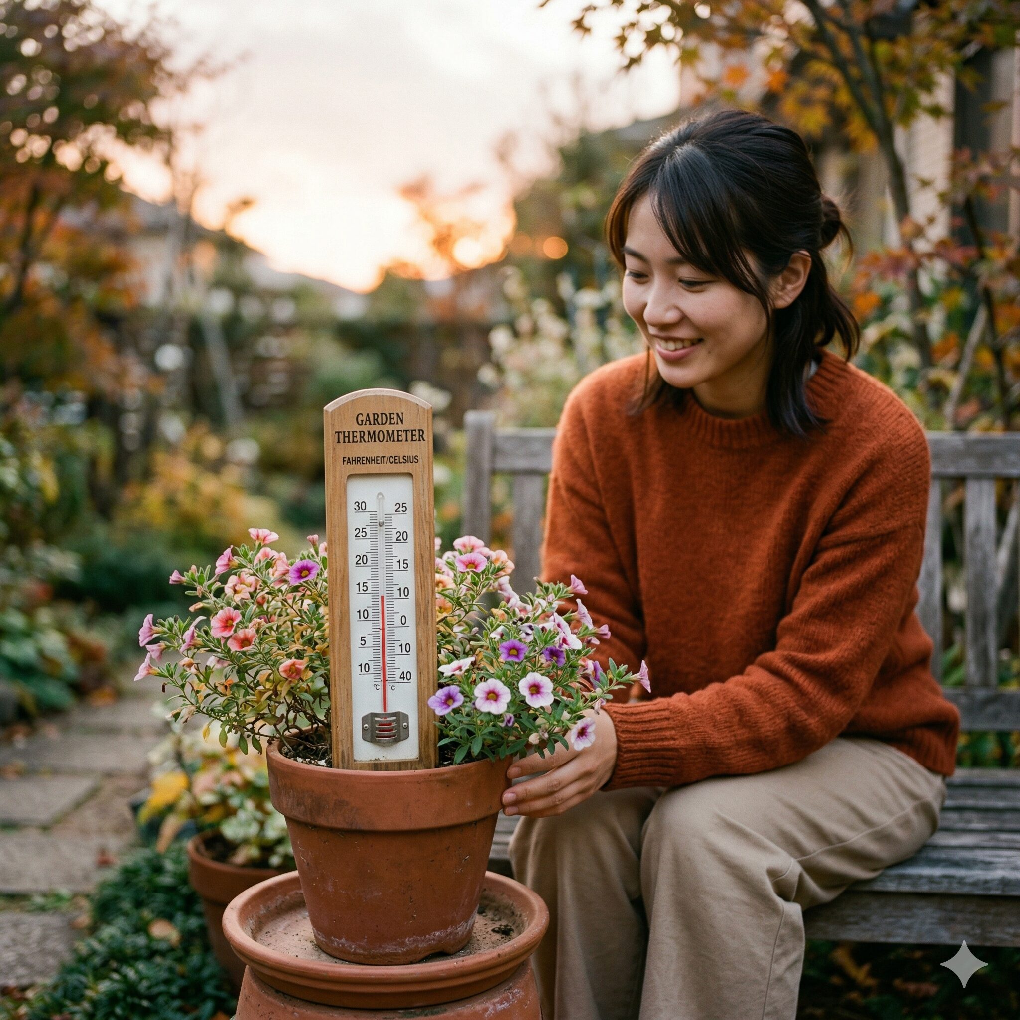フェアリースター いつまで6　フェアリースターの肥料を止めるタイミングの目安となる最低気温15度を示す屋外温度計