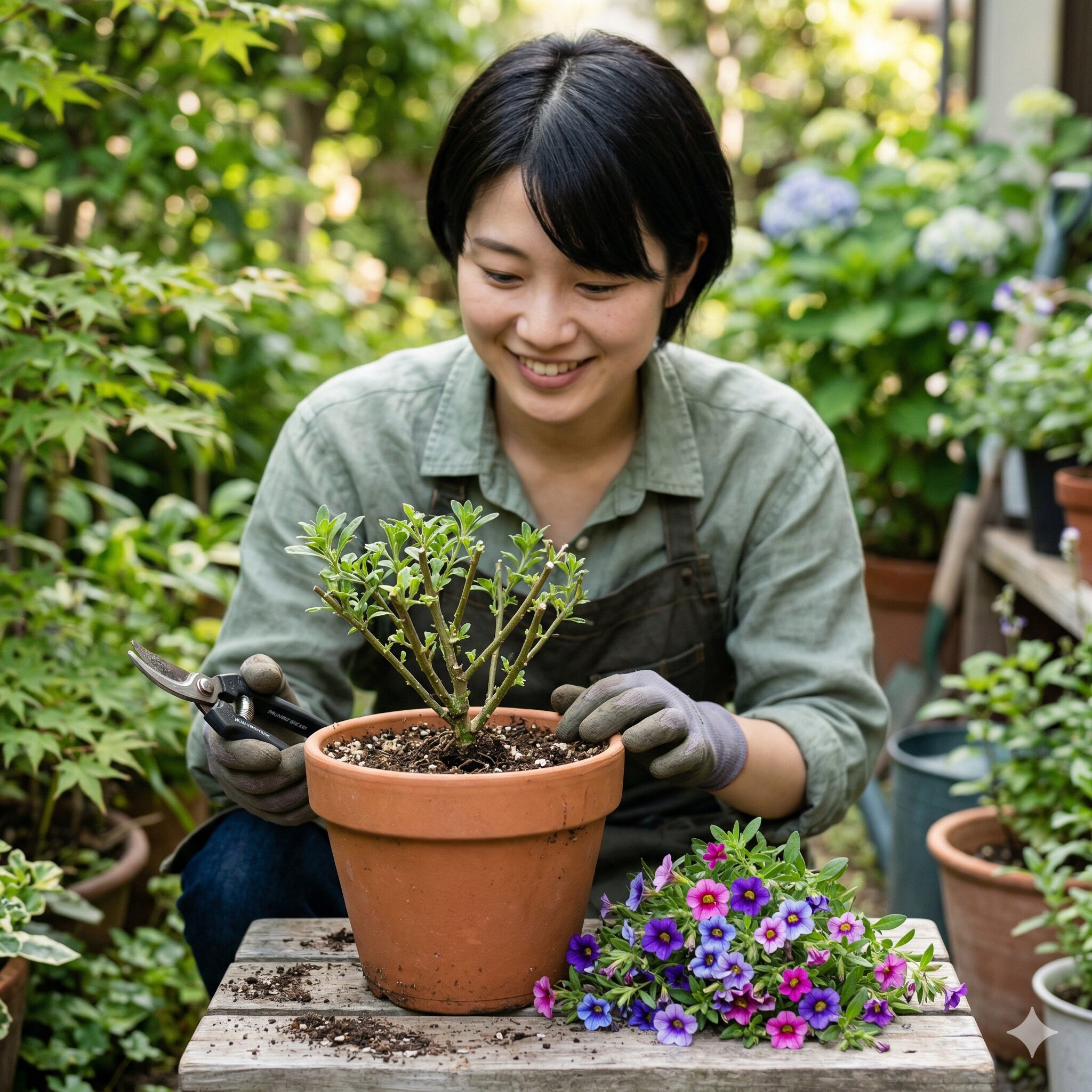 フェアリースター いつまで8　梅雨の蒸れ対策として全体の3分の1程度の高さに切り戻し剪定をした直後のフェアリースター