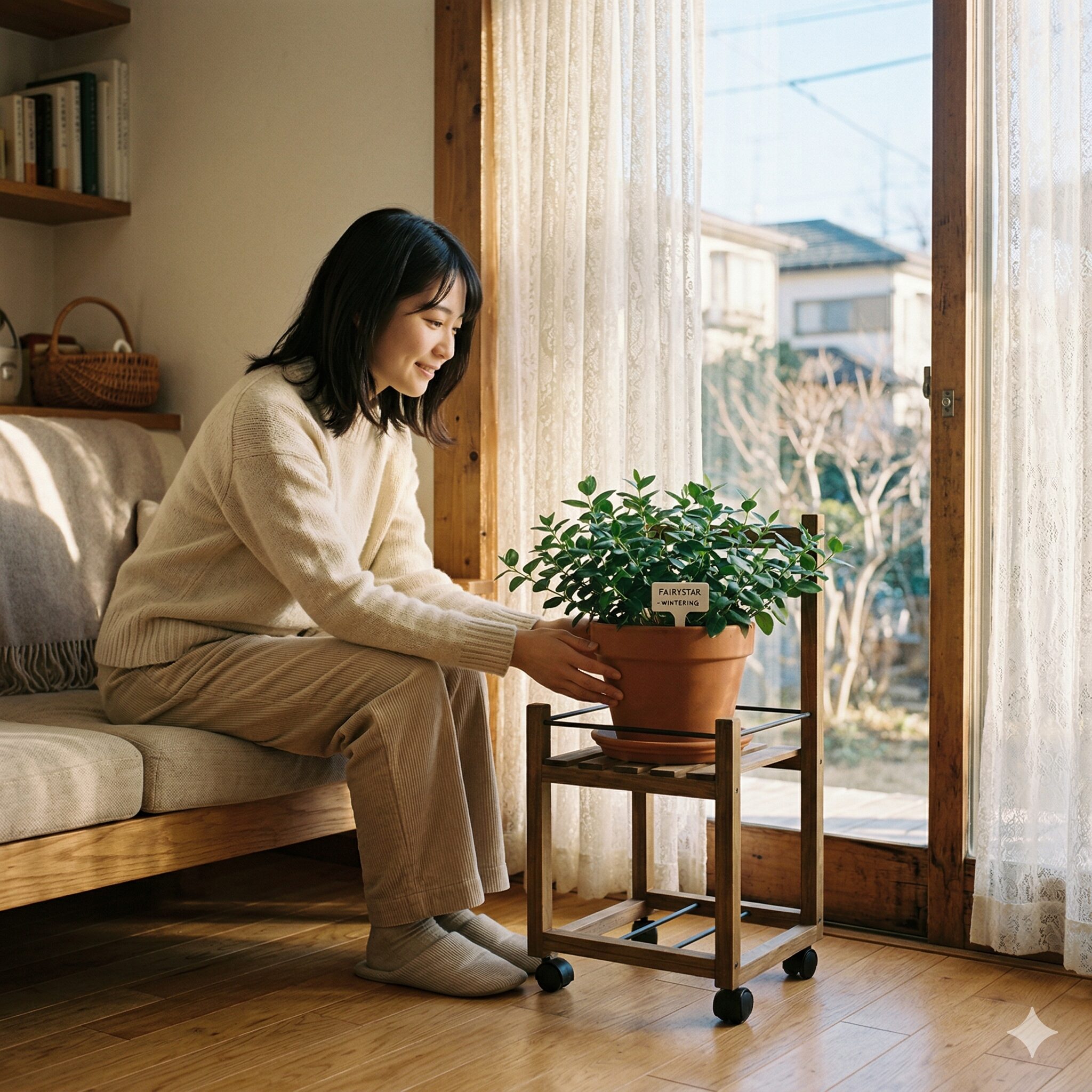 フェアリースター いつまで9　冬越しの成功率を上げるために明るい室内の窓際に避難させたフェアリースターの鉢植え