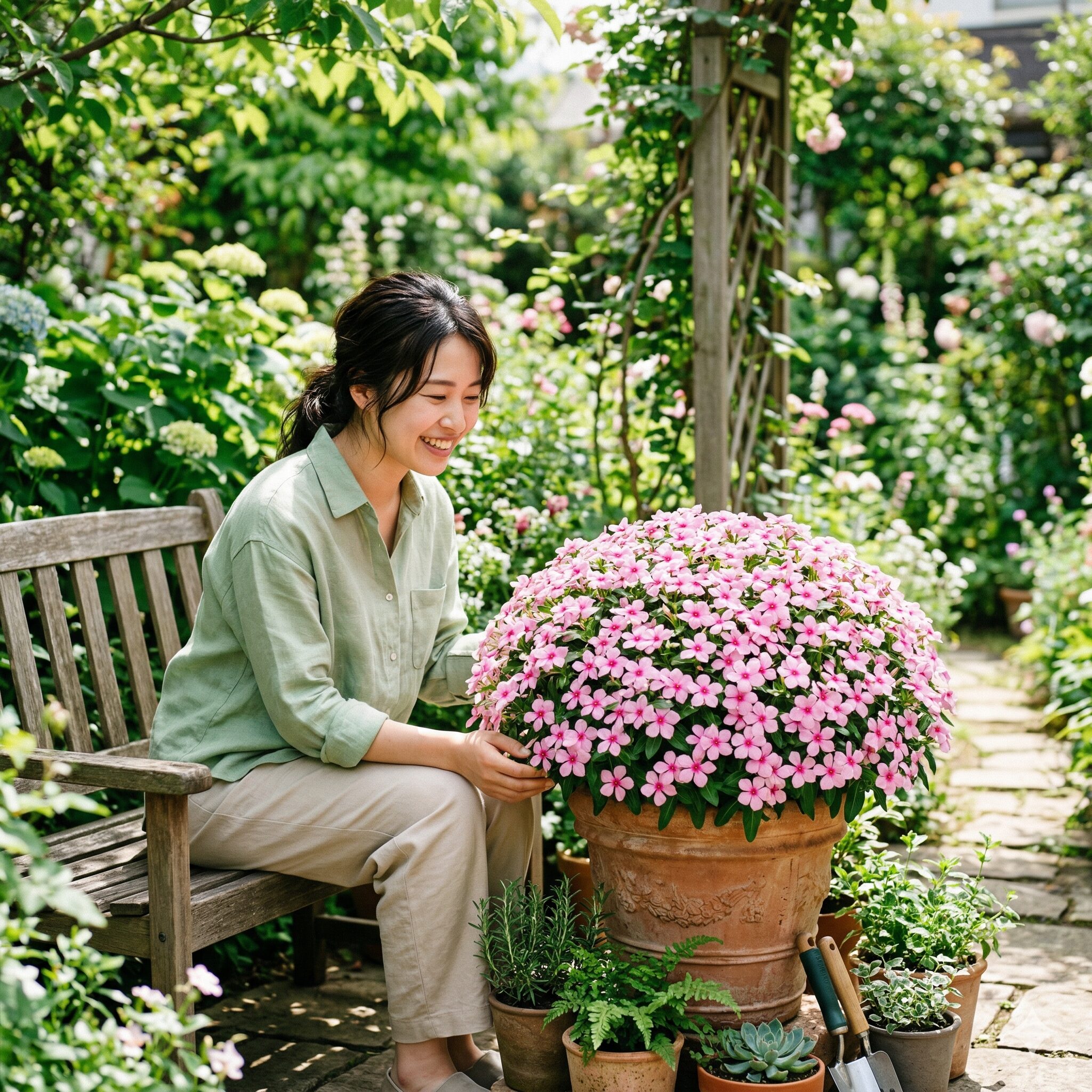 フェアリースター 値段1　初夏の庭でドーム状に満開となったピンク色のフェアリースターの鉢植え