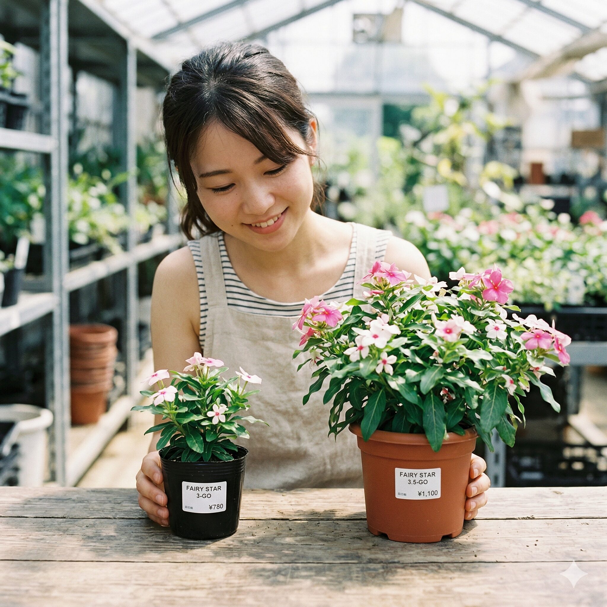 フェアリースター 値段3 フェアリースターの3号ポットと3.5号ポットのサイズ比較写真
