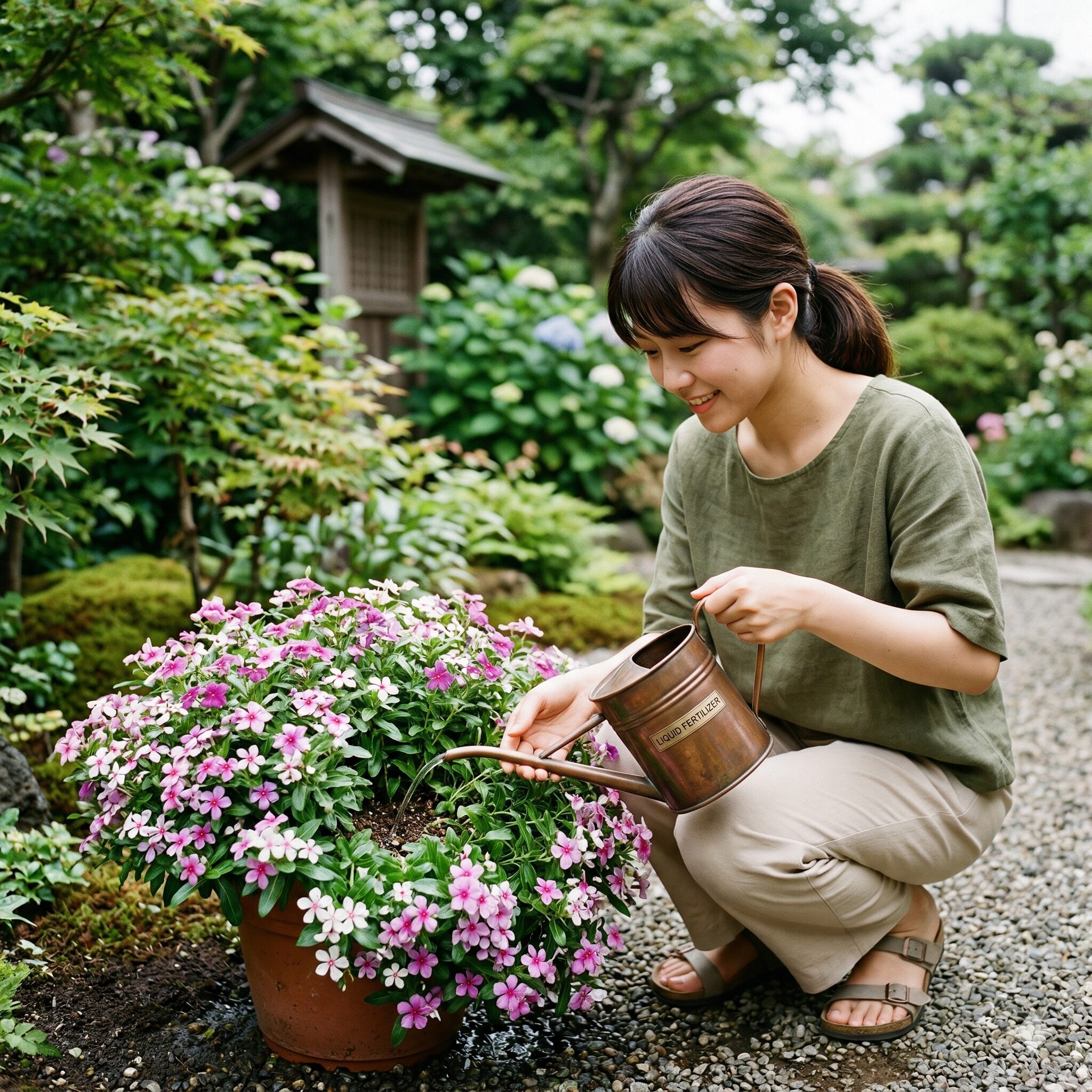 フェアリースター 値段8 液体肥料を株元に与えてフェアリースターの開花を促進させる管理風景