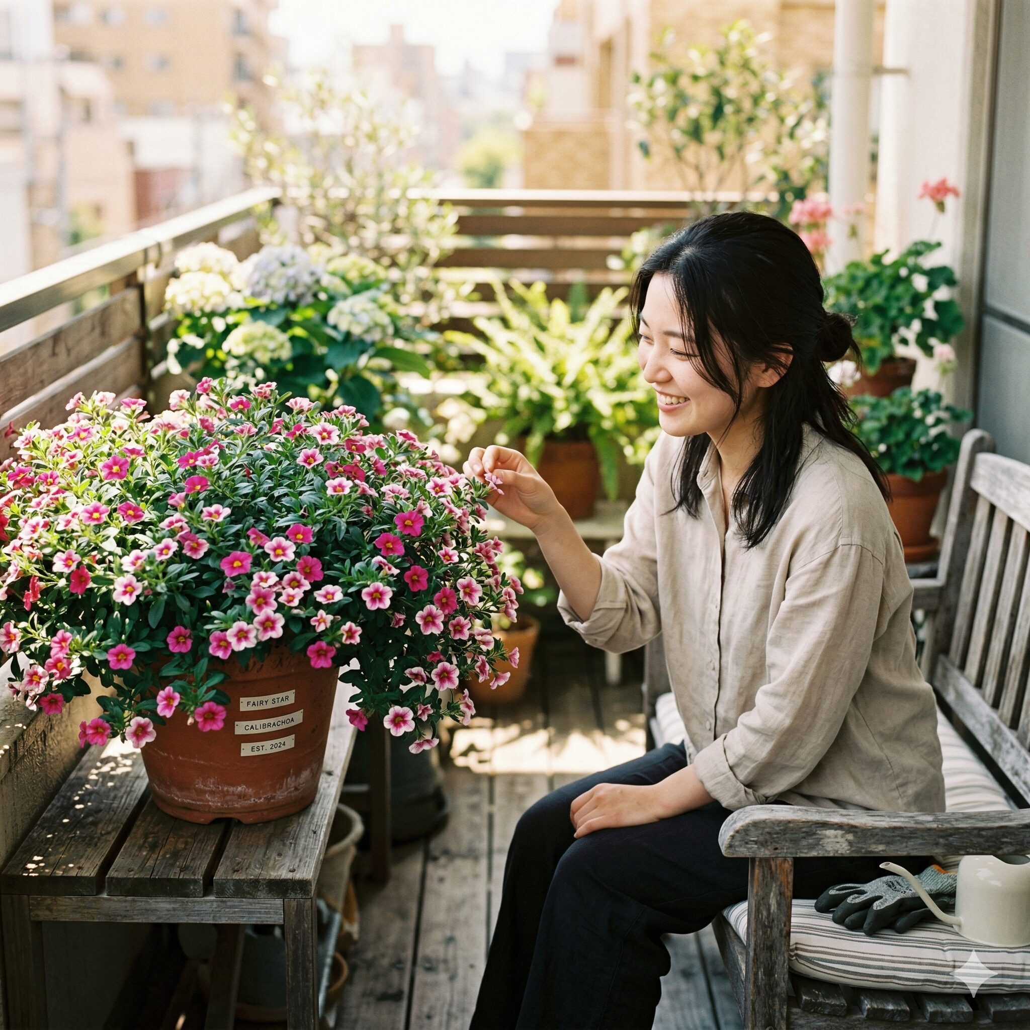 フェアリースター 増やし方1　満開のフェアリースターの鉢植えが明るいベランダで咲き誇っている様子