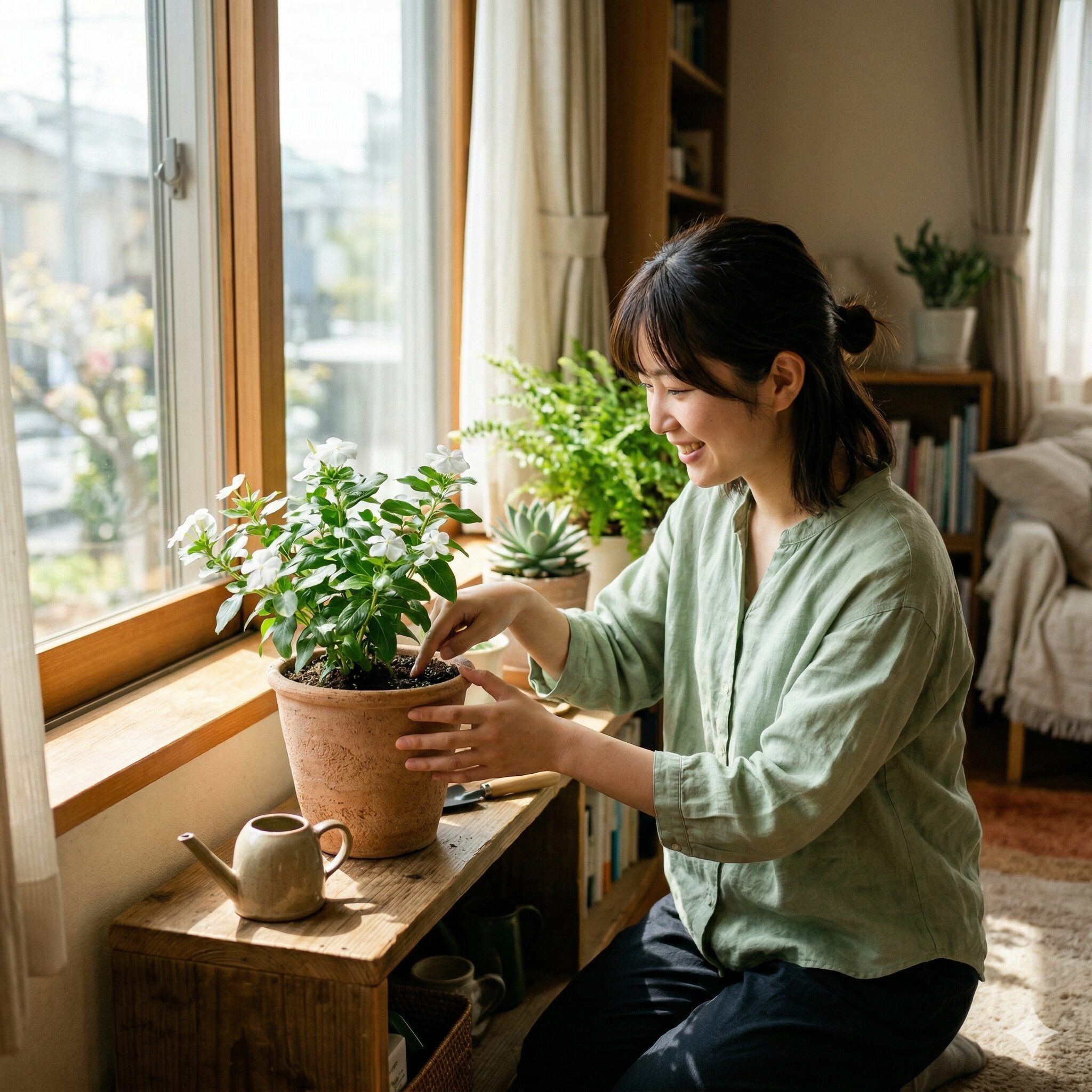 フェアリースター 増やし方10 室内で冬越しをするフェアリースターの鉢植えと管理を確認するガーデナー