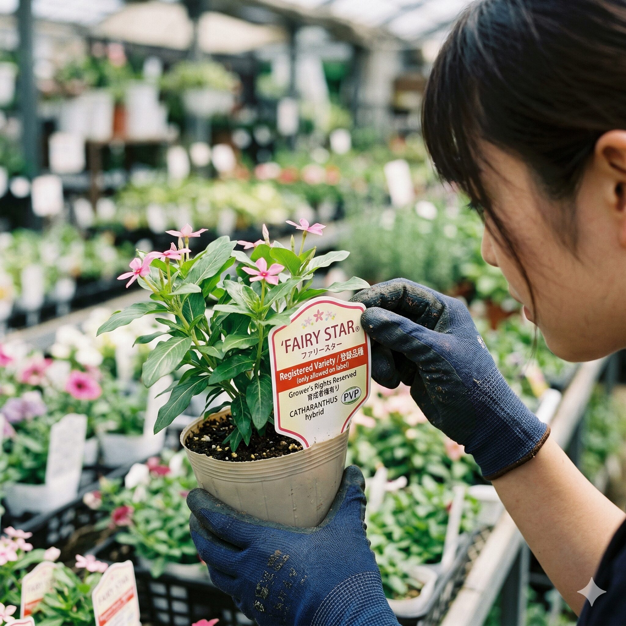 フェアリースター 増やし方2 登録品種ラベルが付いたフェアリースターの苗とそれを確認するガーデナーの手元