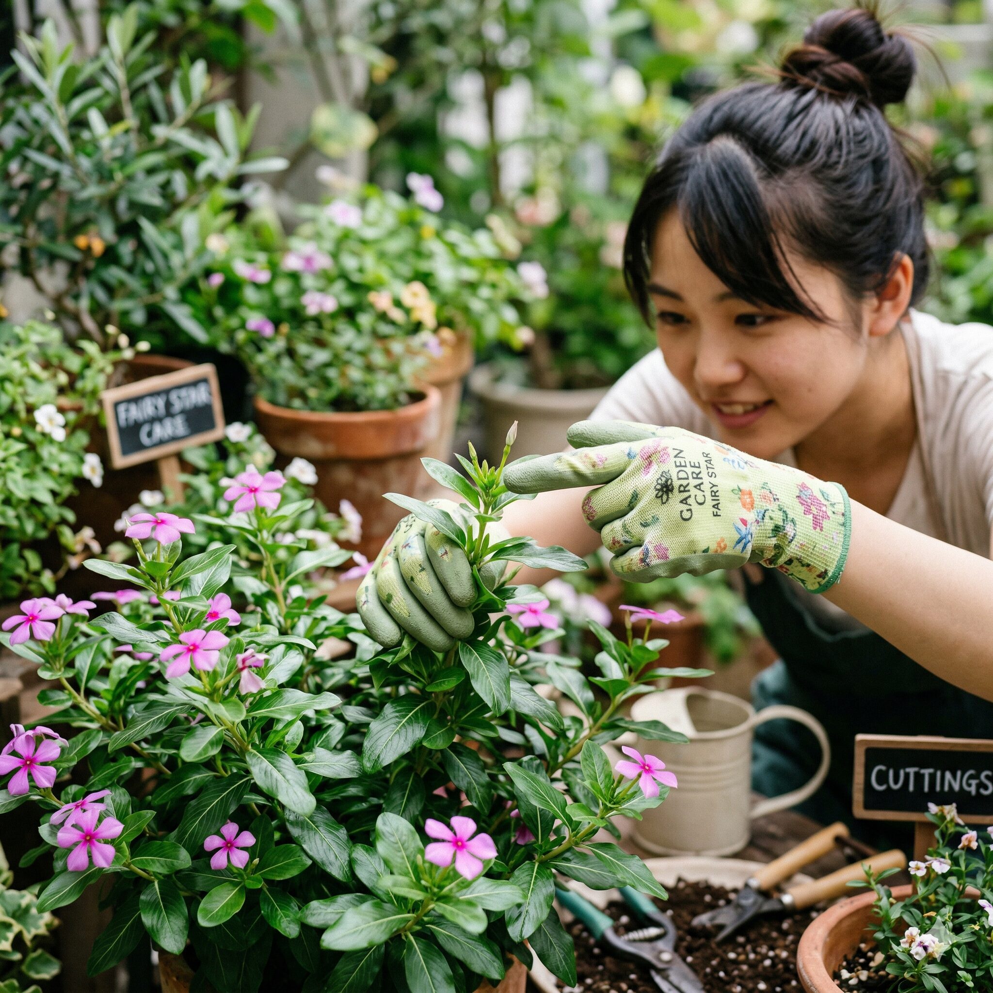 フェアリースター 増やし方4 フェアリースターの親株から健康な天芽を選んでいるガーデナーの手元