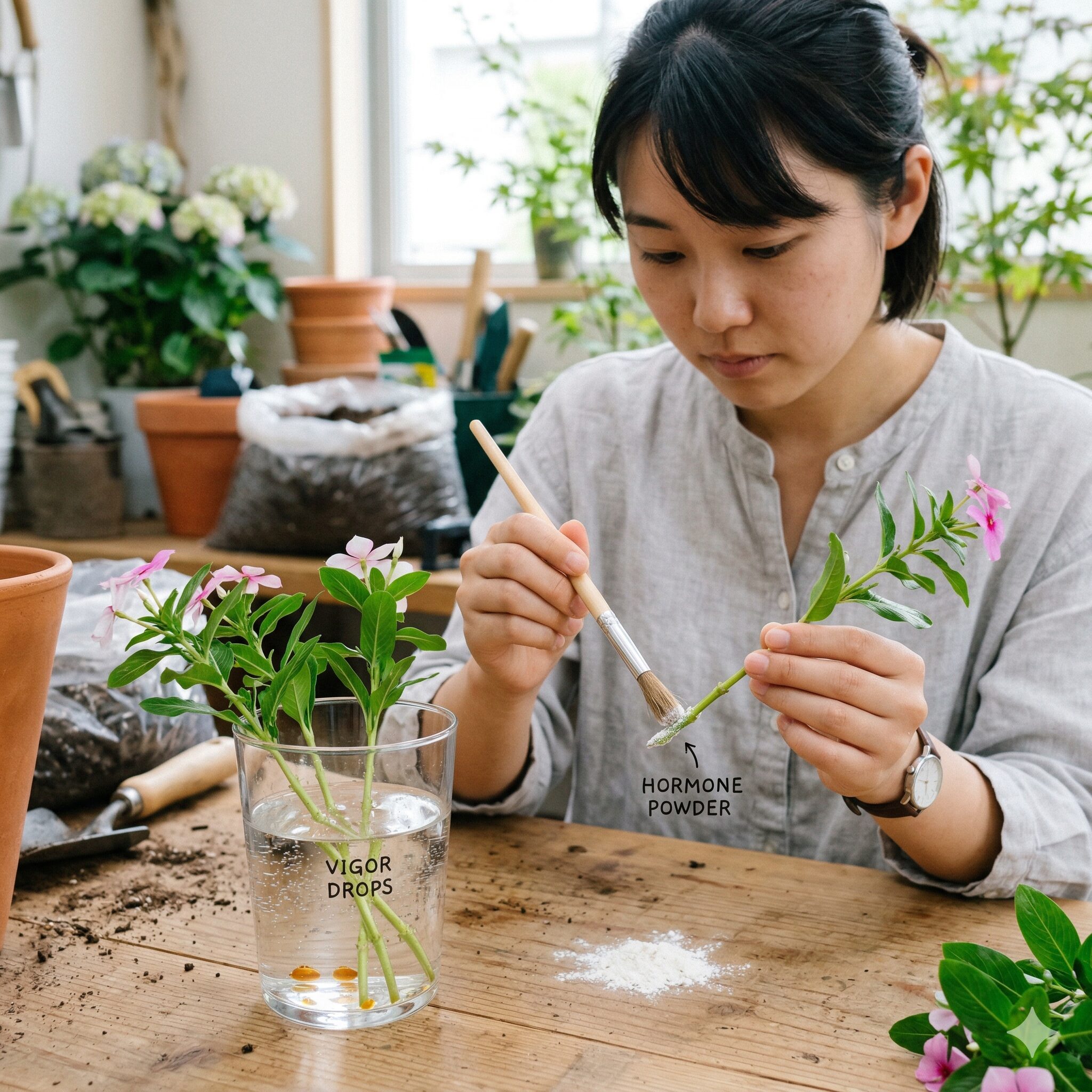 フェアリースター 増やし方5 活力剤入りの水に浸かったフェアリースターの挿し穂と発根促進剤をまぶす手元