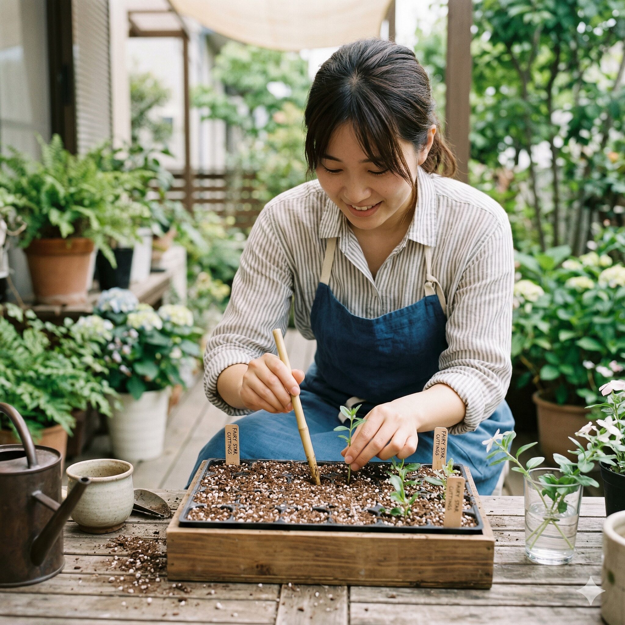 フェアリースター 増やし方6 用土に穴を開けフェアリースターの挿し穂を丁寧に挿すガーデナーの手元
