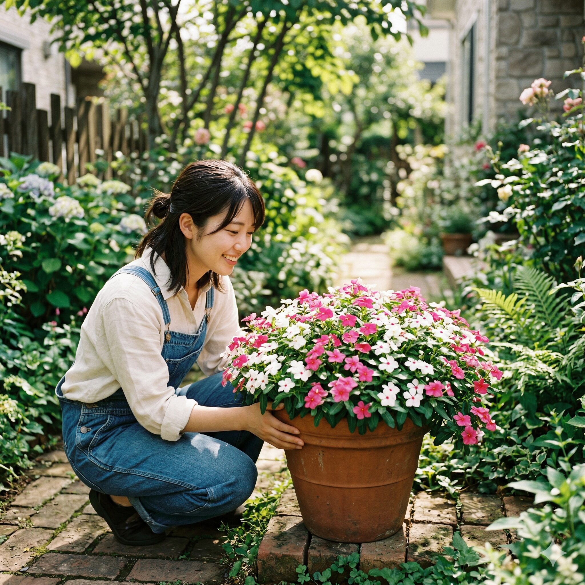 フェアリースター 虫1　鉢から溢れるほど満開に咲いたピンクと白のフェアリースターの鉢植え