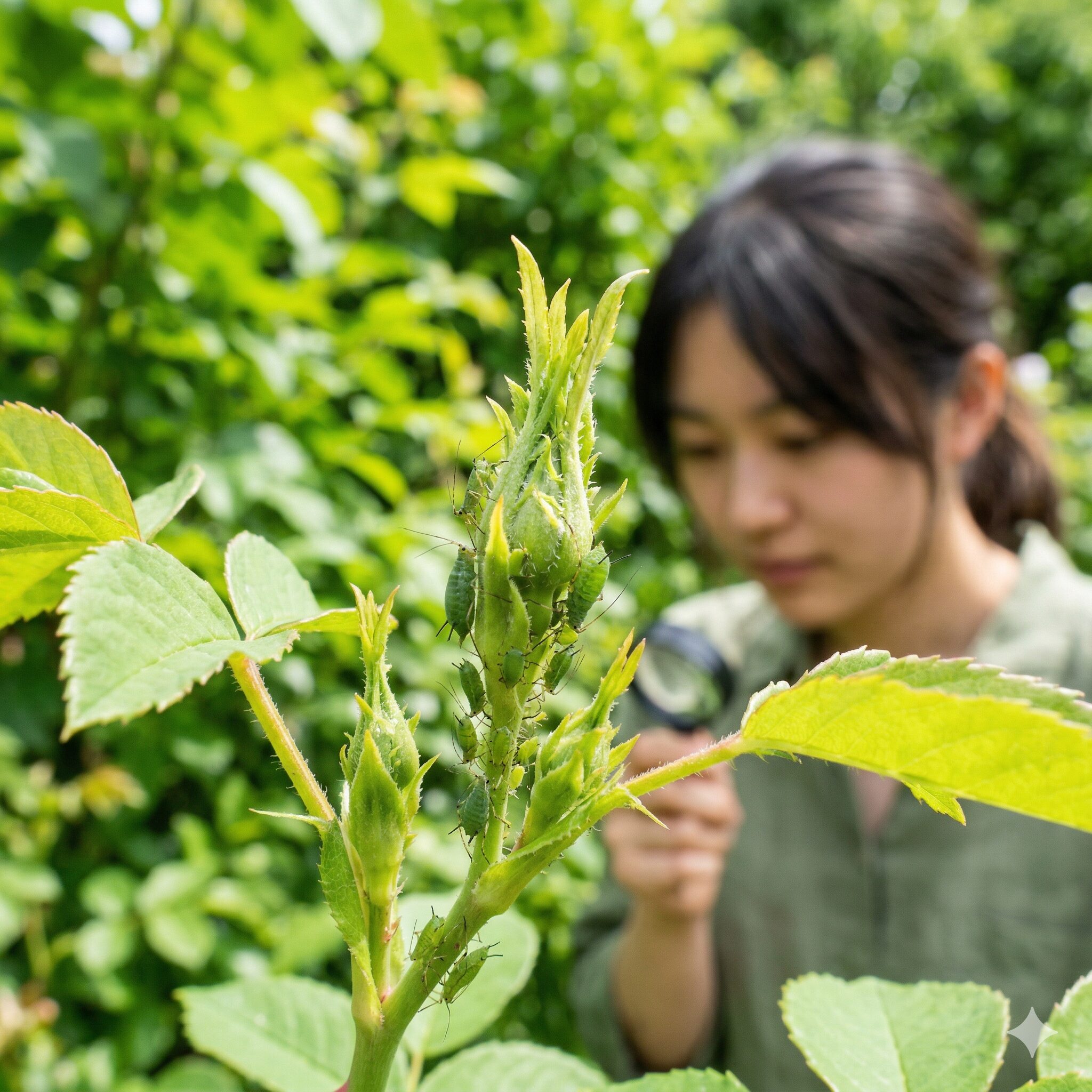 フェアリースター 虫2 フェアリースターの新芽に付着して汁を吸う小さな緑色のアブラムシ