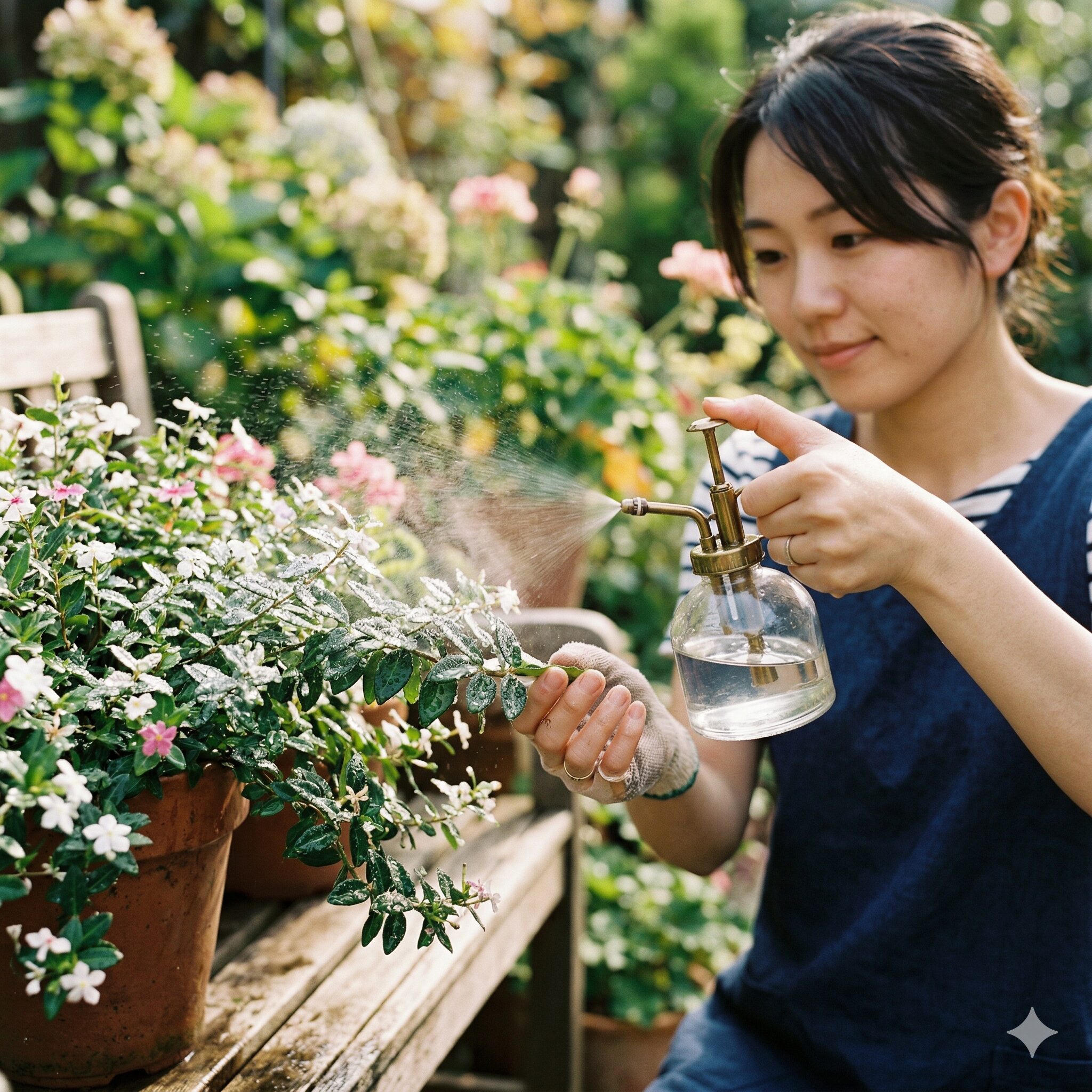 フェアリースター 虫3 ハダニ予防のためにフェアリースターの葉の裏側へ霧吹きで葉水を与える様子