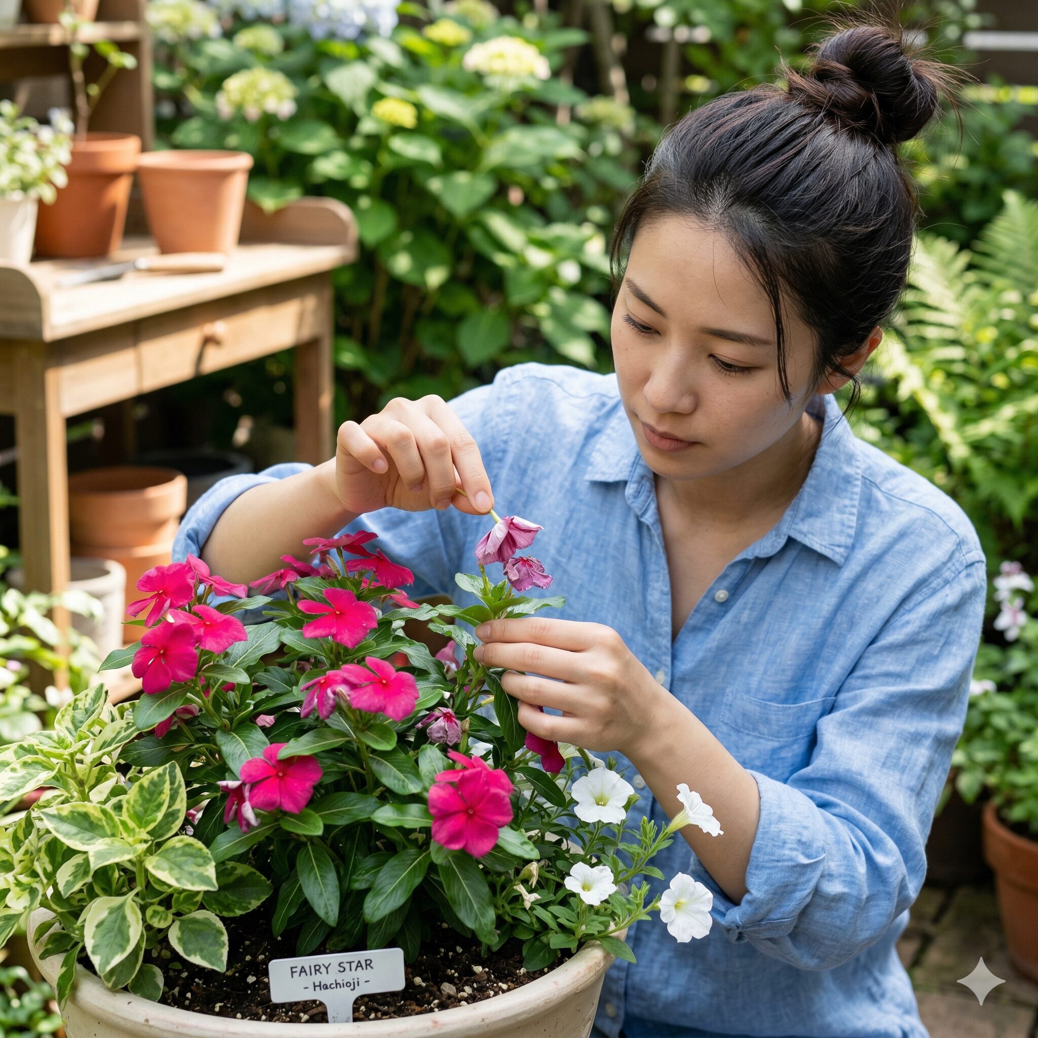 フェアリースター 虫4 アザミウマの繁殖を防ぐためにフェアリースターの花がらを摘み取る手元