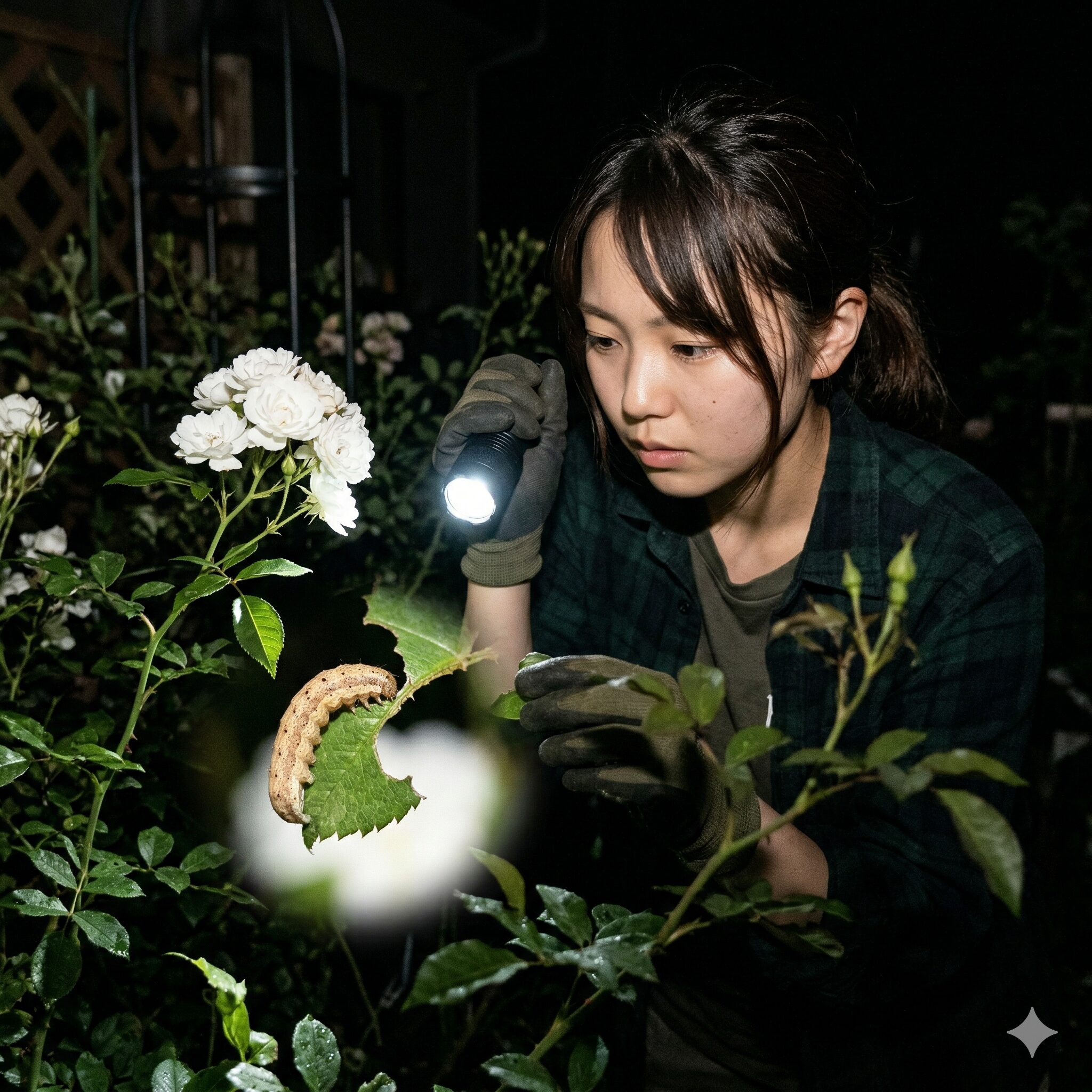 フェアリースター 虫5 夜間に懐中電灯でフェアリースターを照らしてヨトウムシを捜索する様子
