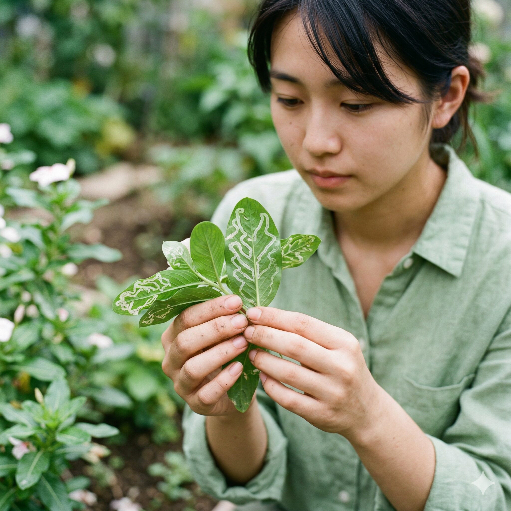 フェアリースター 虫6 エカキムシ(ハモグリバエ)によって白い筋状の跡がついたフェアリースターの葉