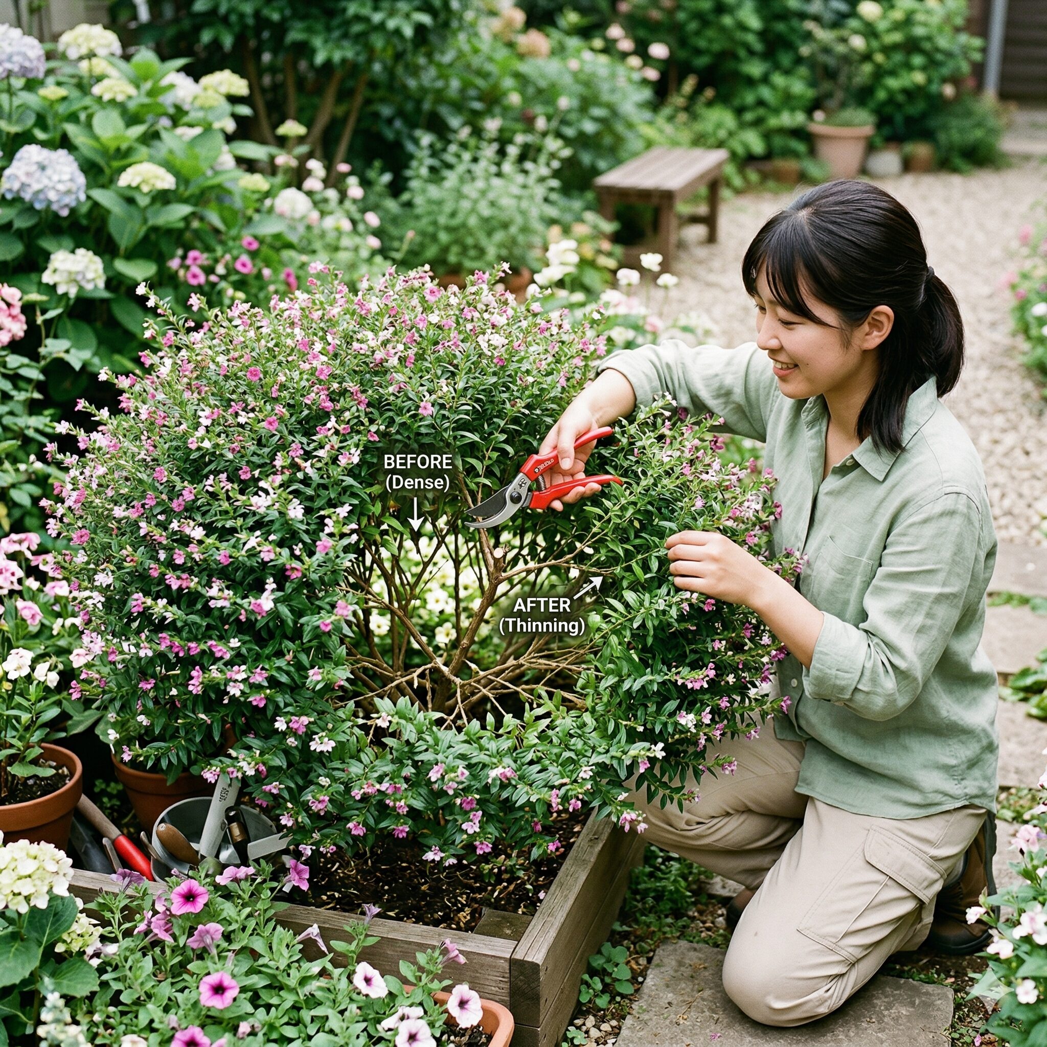 フェアリースター 虫9 風通しを良くして病気を防ぐためにフェアリースターを切り戻しする作業