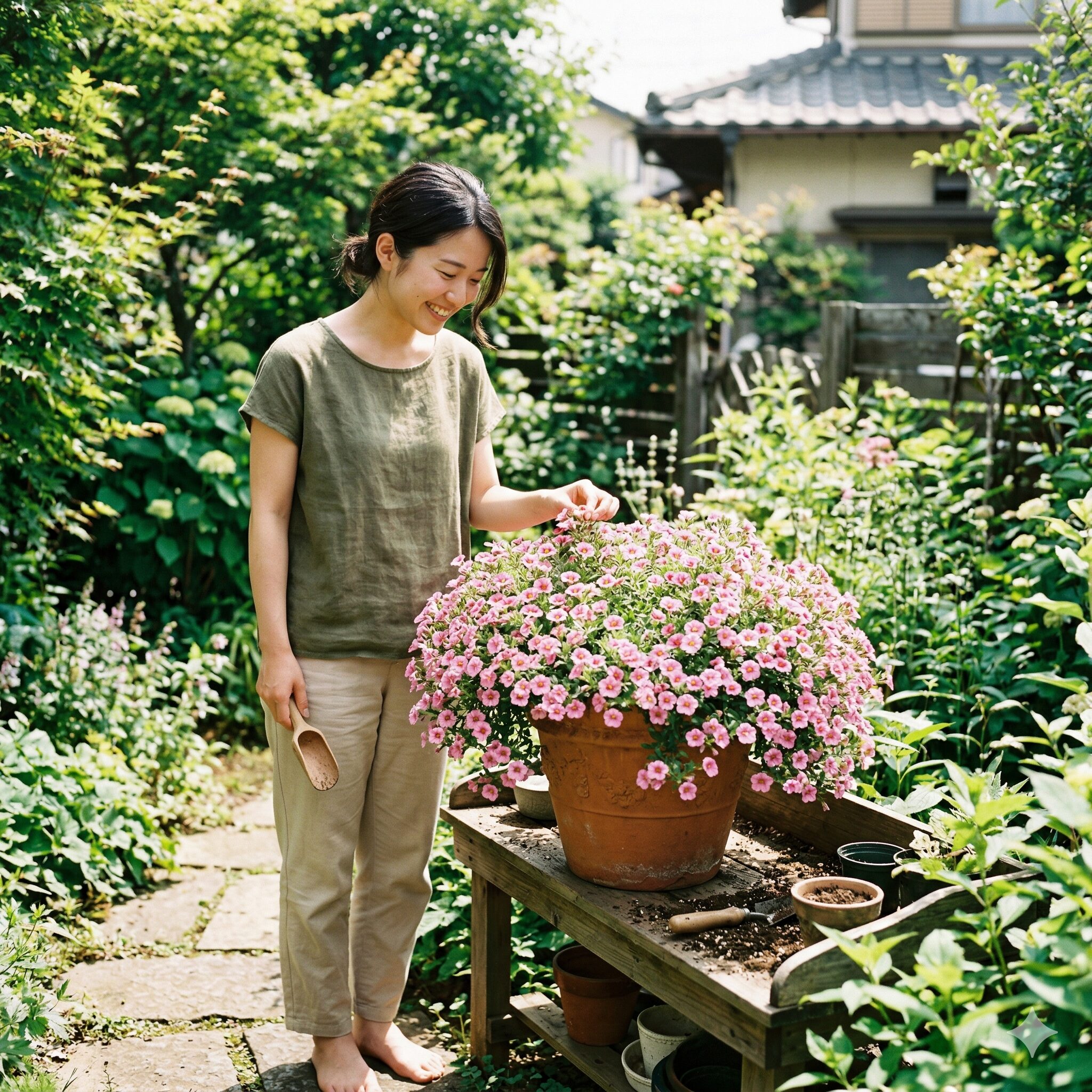 フェアリースター 開花時期1　夏の庭で満開に咲き誇るピンク色のフェアリースターの鉢植え