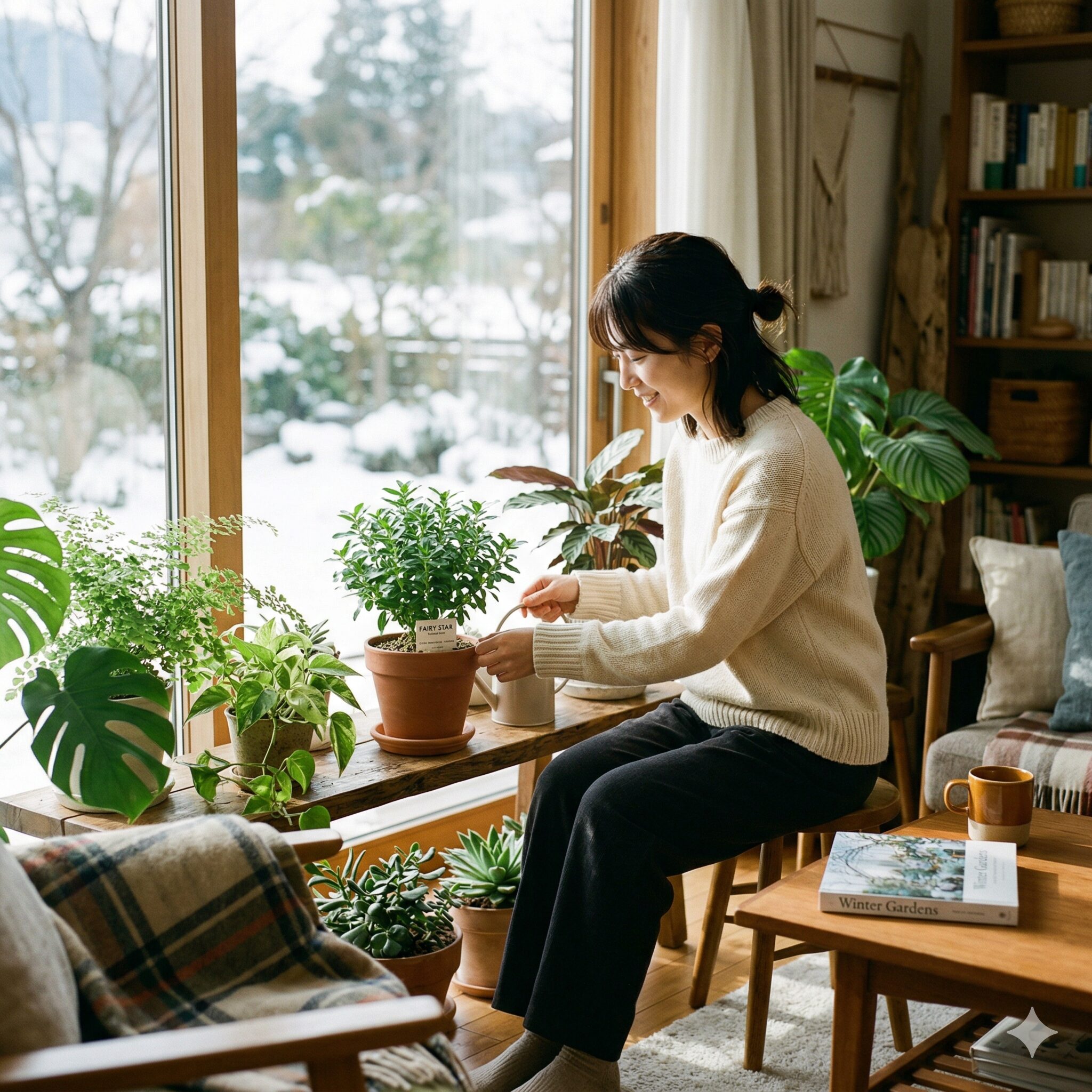 フェアリースター 開花時期10 冬越しのために明るい室内の窓辺で管理されるフェアリースターの鉢植え