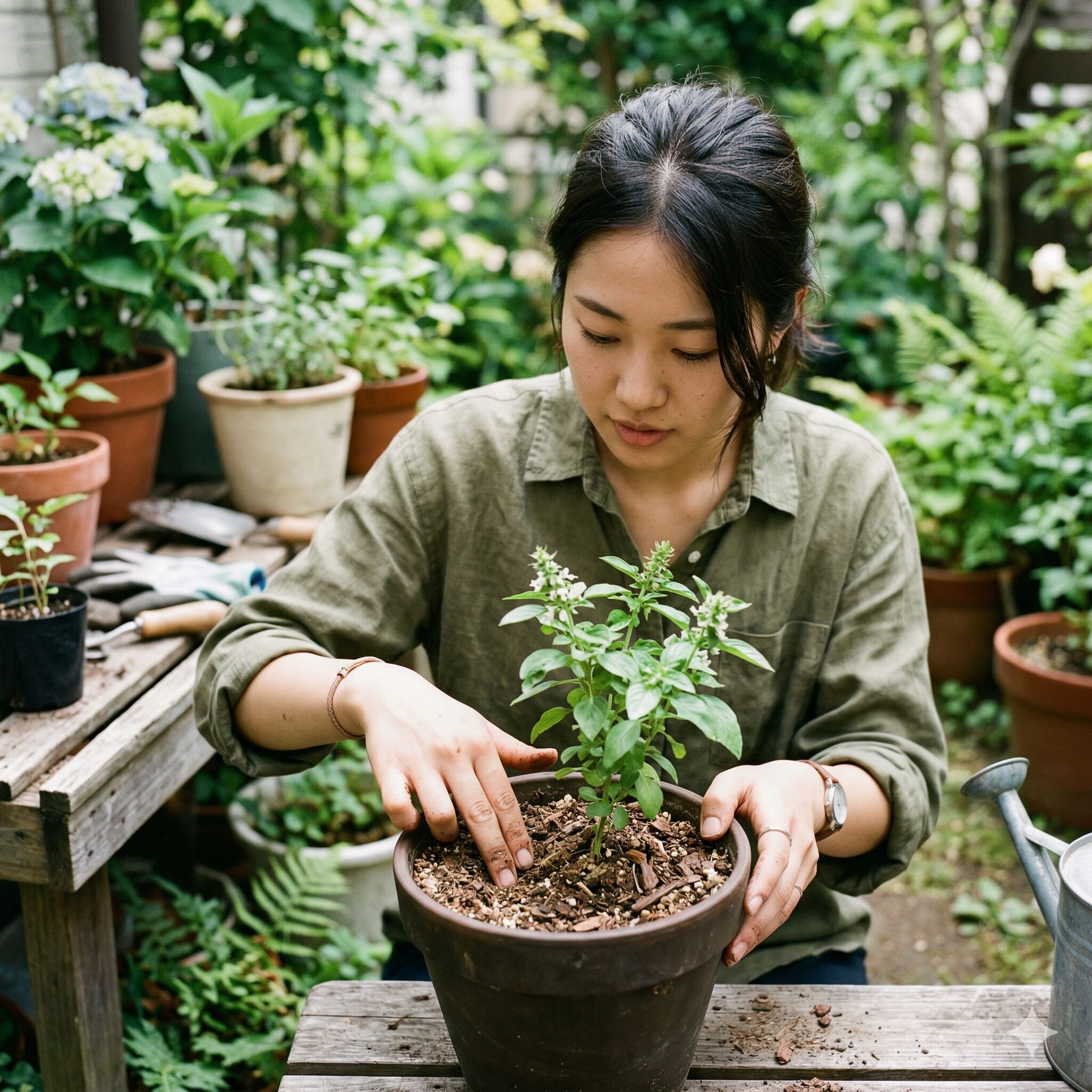 フェアリースター 開花時期4 フェアリースターの水やりタイミングを確認するために土の乾きをチェックする様子