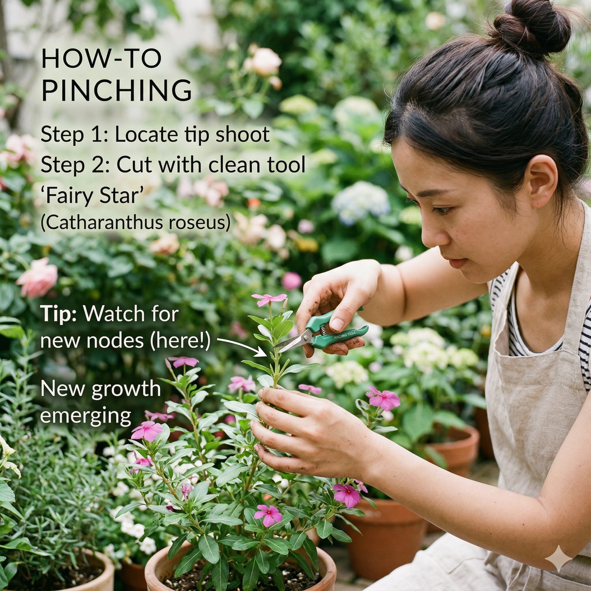 フェアリースター 開花時期7 フェアリースターをこんもり育てるための摘芯ピンチの作業風景