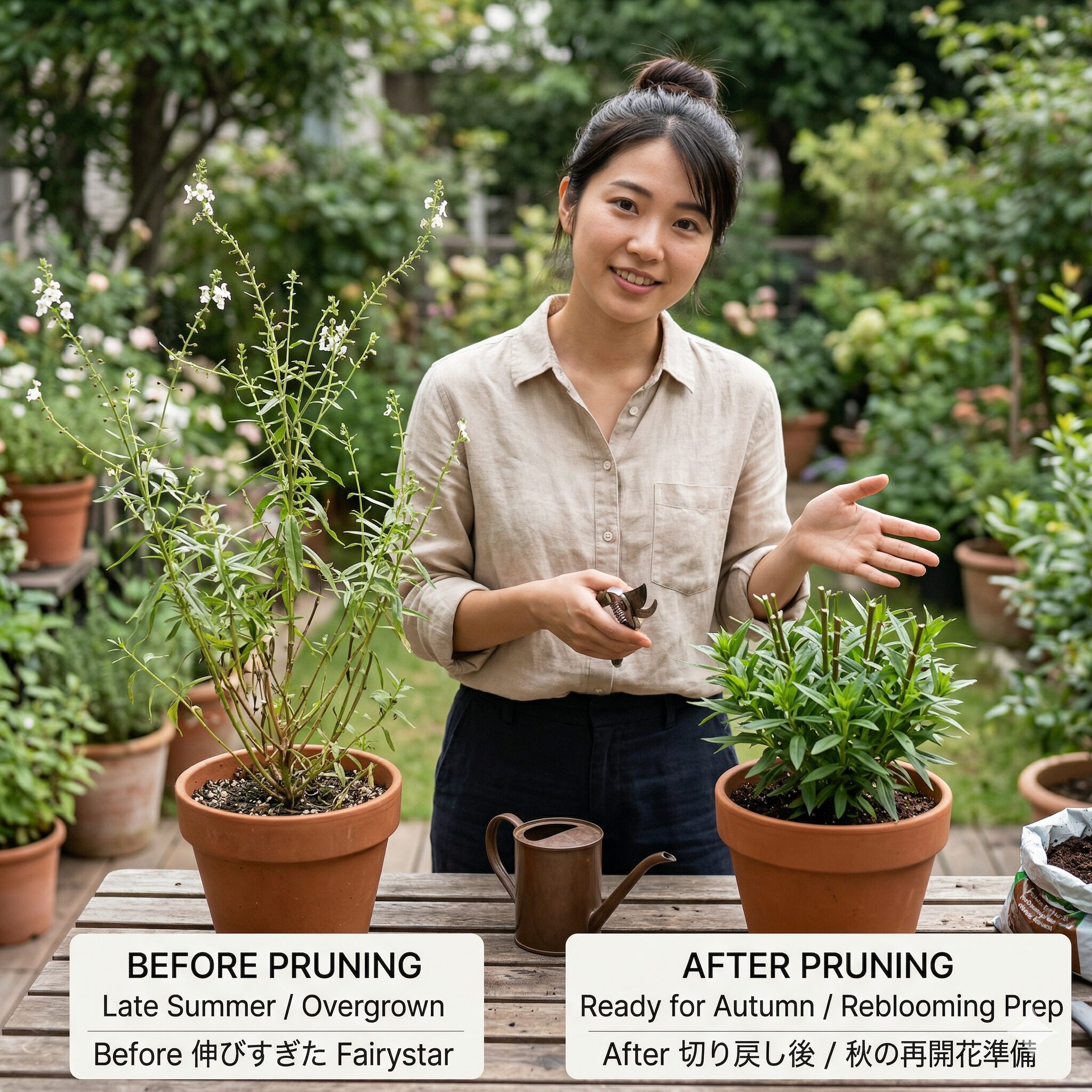 フェアリースター 開花時期8 フェアリースターの秋の満開を予約する切り戻し前後の比較