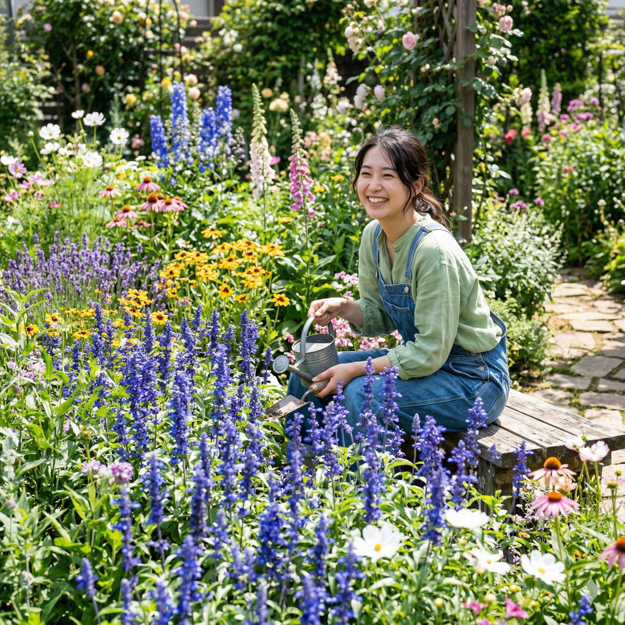 ブルー サルビア こぼれ種1　初夏の庭で満開に咲き誇るブルーサルビアの風景