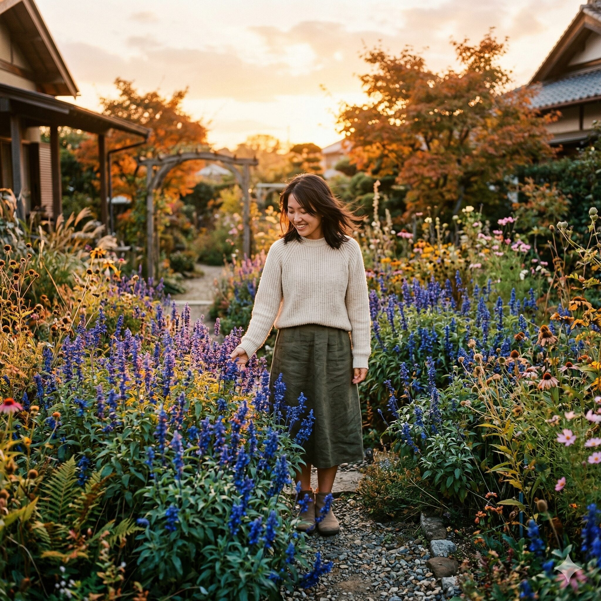 ブルー サルビア こぼれ種10 秋の夕日に照らされて美しく咲き誇るブルーサルビアの花壇風景