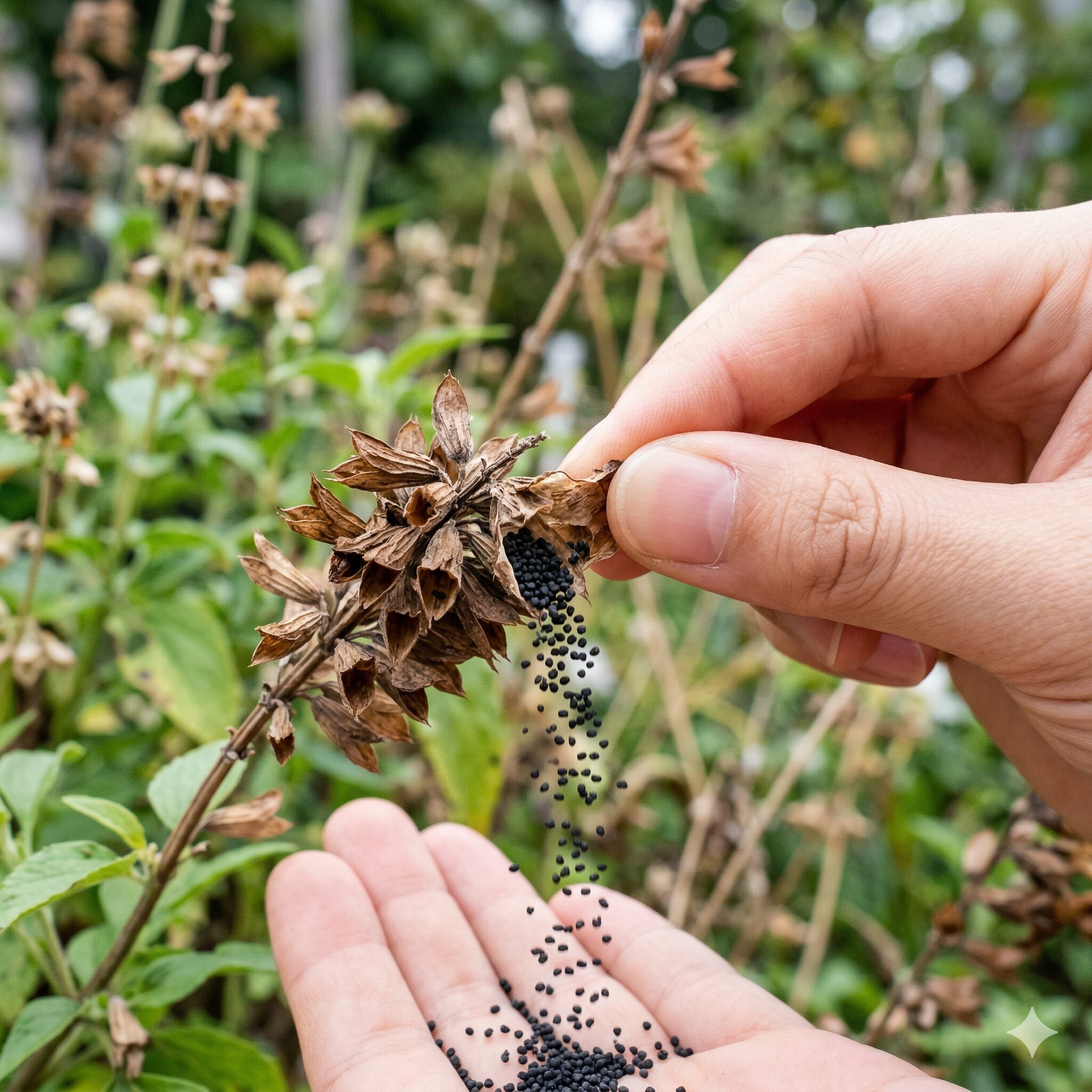 ブルー サルビア こぼれ種3 乾燥した萼からこぼれ落ちる完熟したブルーサルビアの黒い種