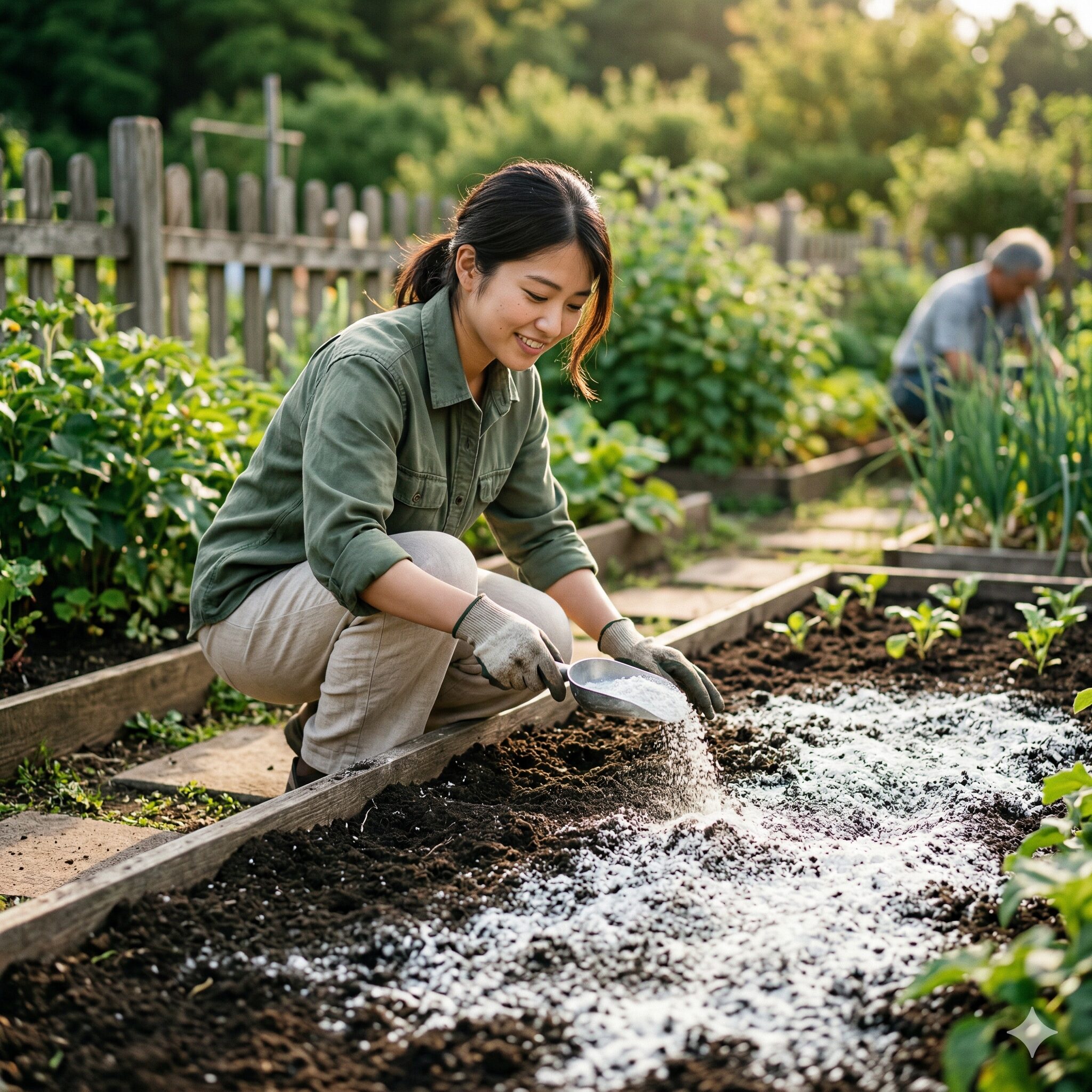 ブルー サルビア こぼれ種4 ブルーサルビアの植え付け前に土壌の酸度調整のために苦土石灰を撒く作業