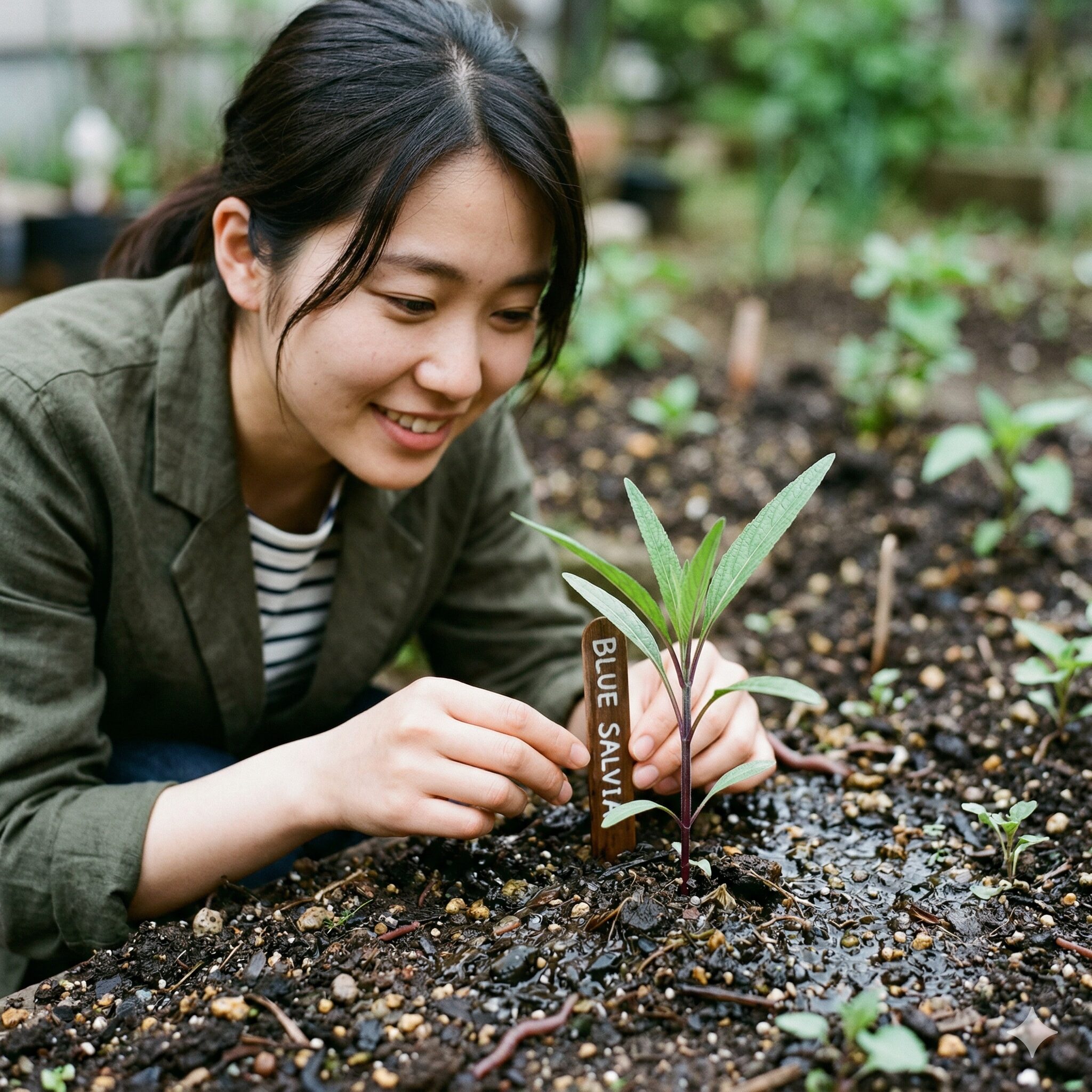 ブルー サルビア こぼれ種5 こぼれ種から発芽したブルーサルビアの本葉と紫色を帯びた茎の新芽