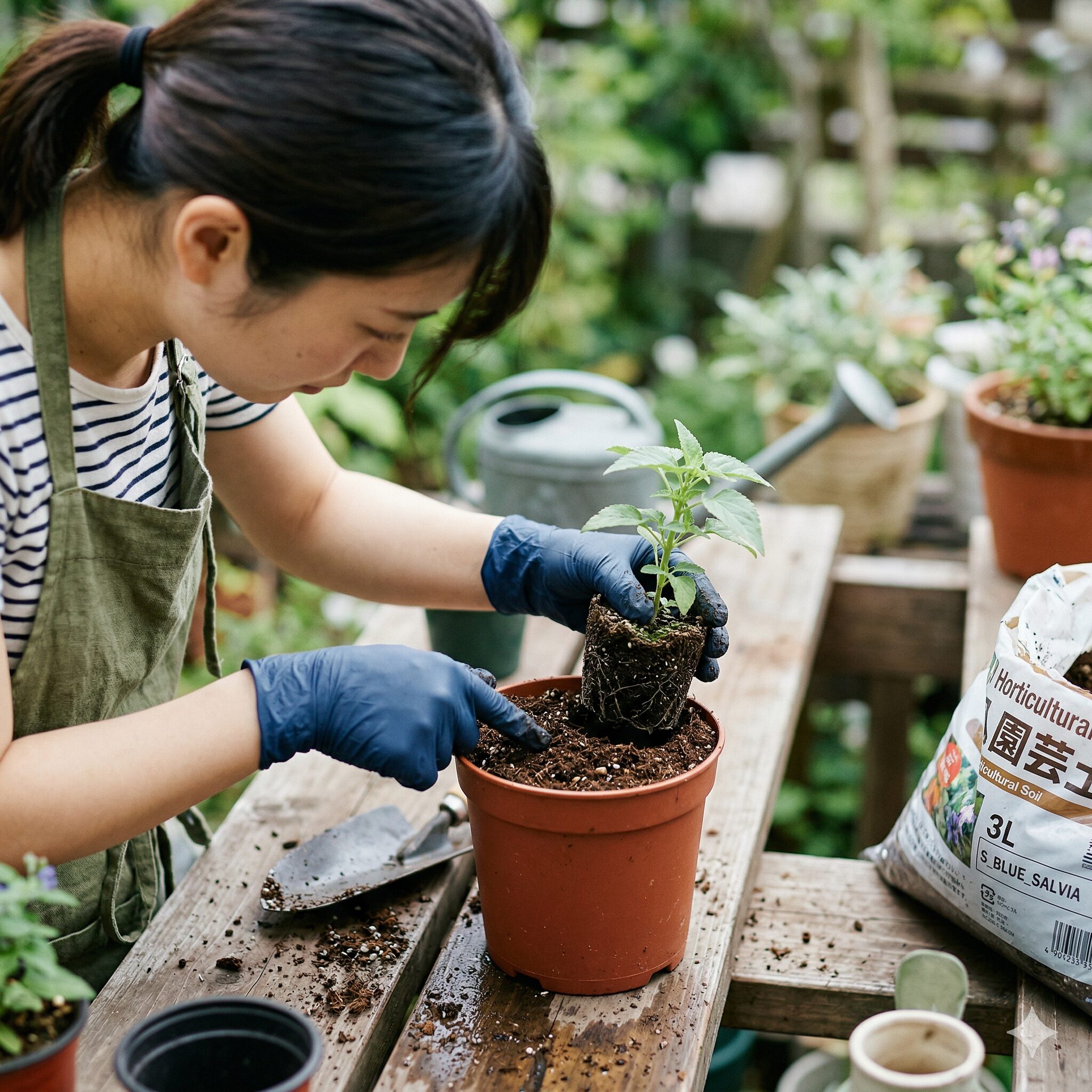 ブルー サルビア こぼれ種6 ブルーサルビアの苗をビニールポットへ植え替えるガーデニング作業