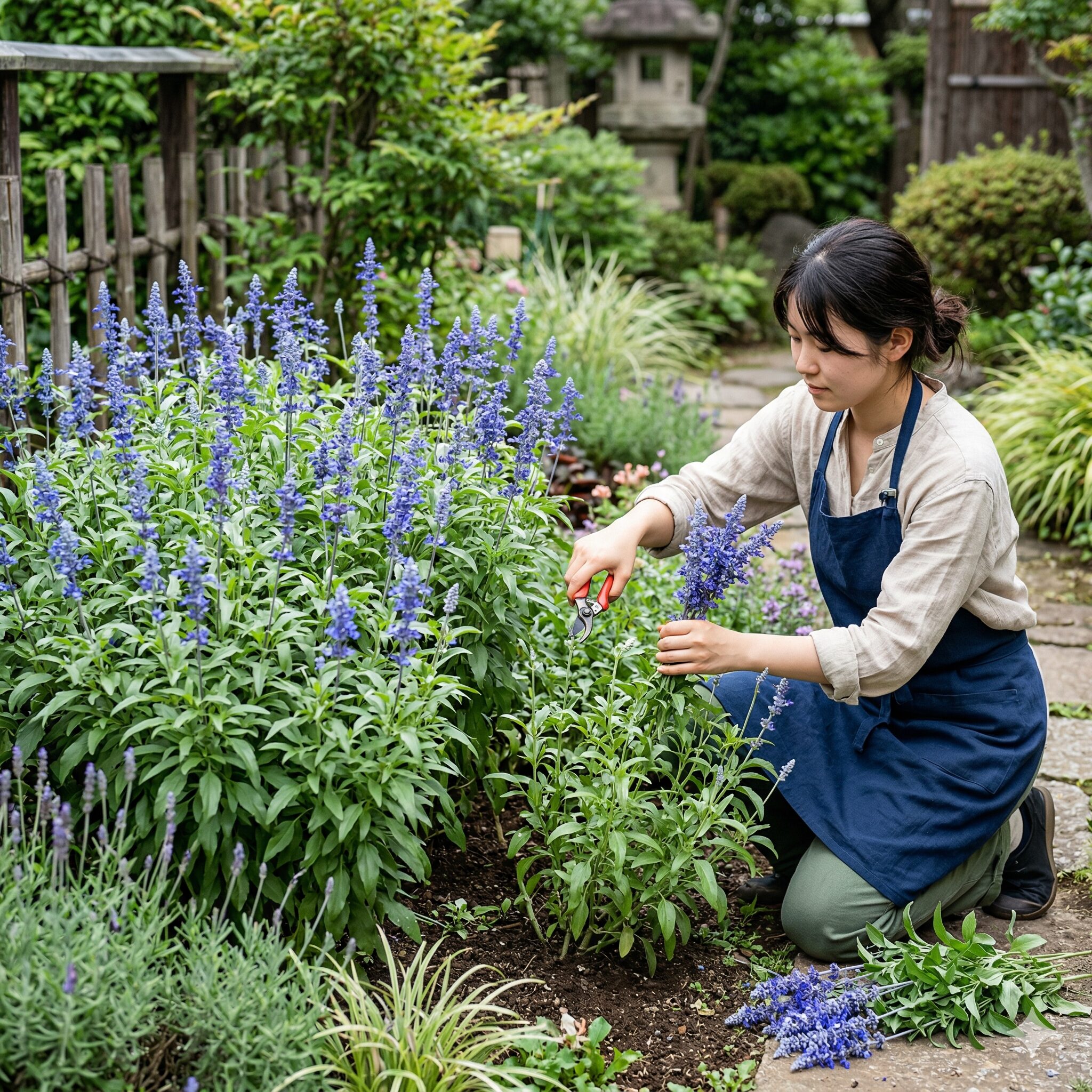ブルー サルビア こぼれ種7 夏の暑さ対策のためにブルーサルビアの株を半分に切り戻し剪定する様子