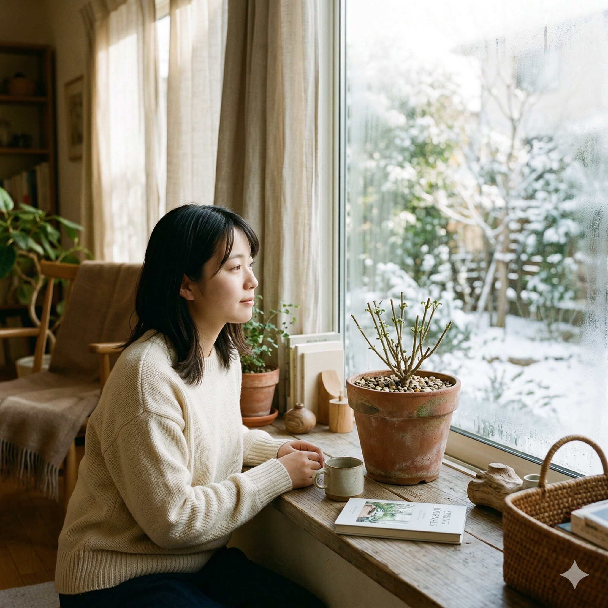 ブルー サルビア こぼれ種8 冬の間明るい窓辺で室内管理されている鉢植えのブルーサルビア