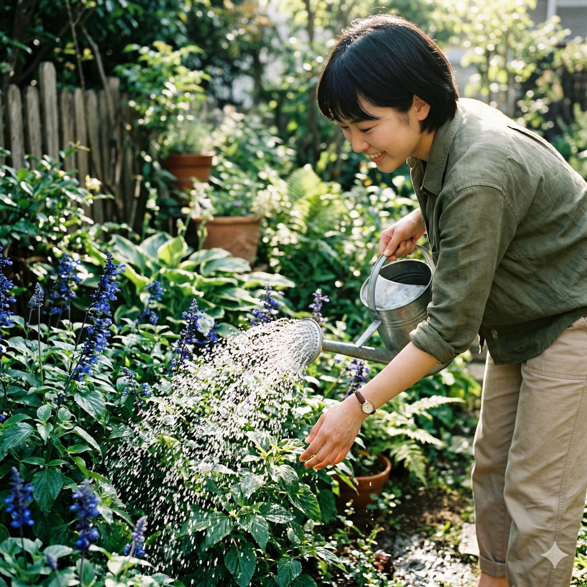ブルー サルビア こぼれ種9 害虫予防のためにブルーサルビアの葉の裏に勢いよく水をかける葉水
