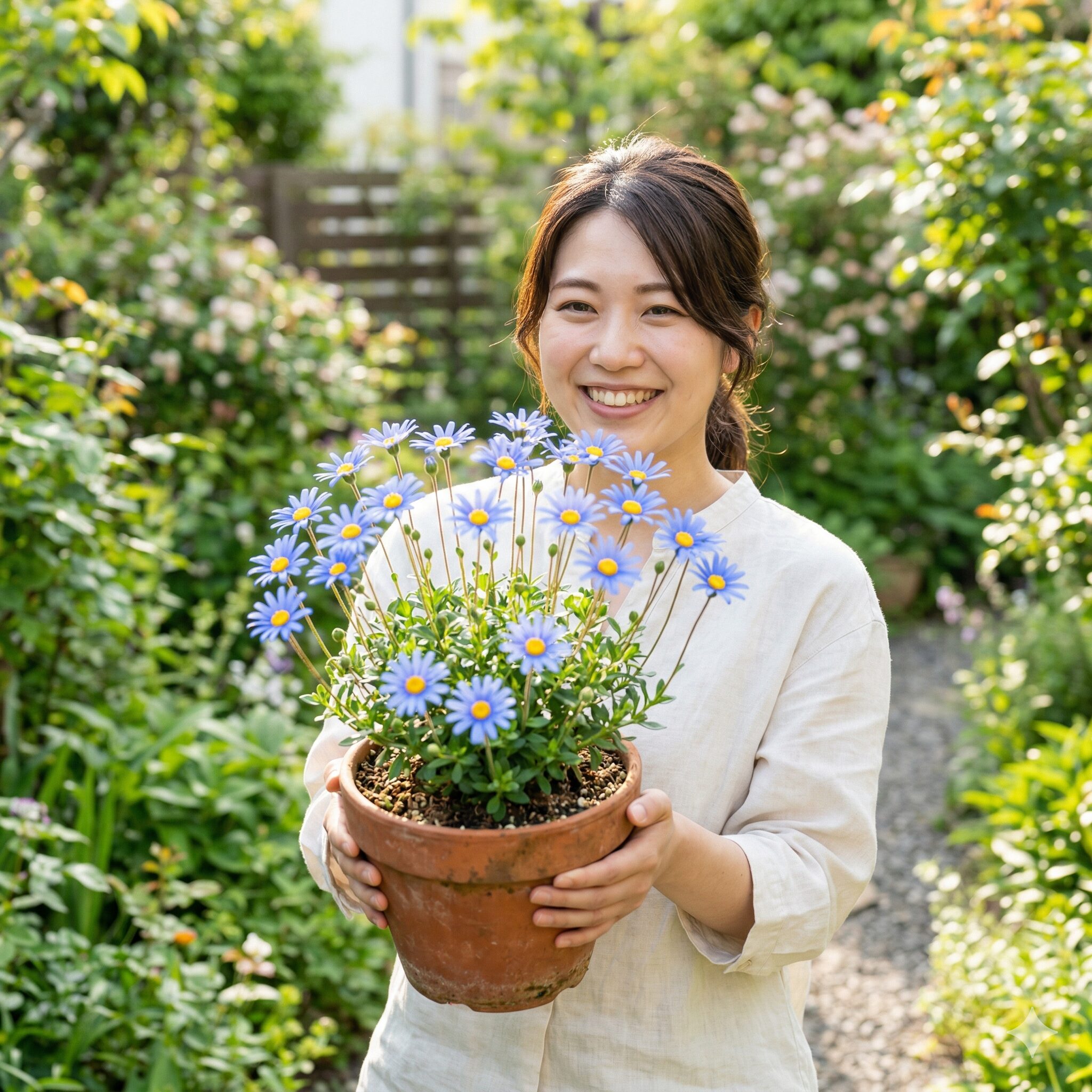 ブルー デージー に似た花1　庭の明るい陽射しの中で満開に咲くブルーデージーの鉢植えイメージ