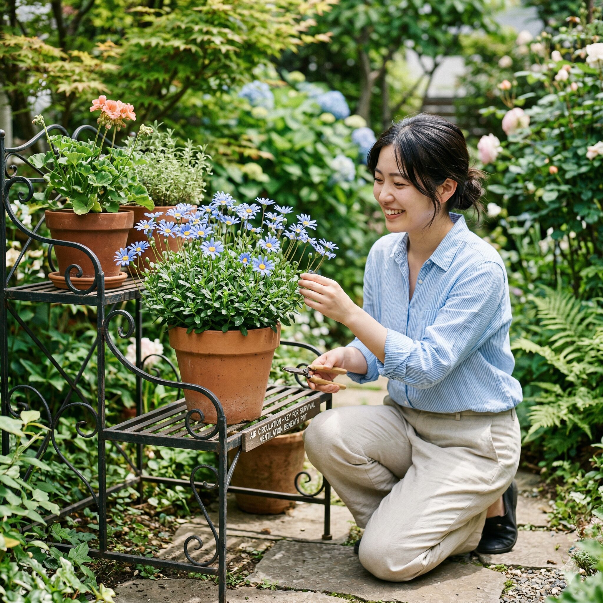 ブルー デージー に似た花10　根腐れ防止のために鉢スタンドで通気性を確保したブルーデージーの管理