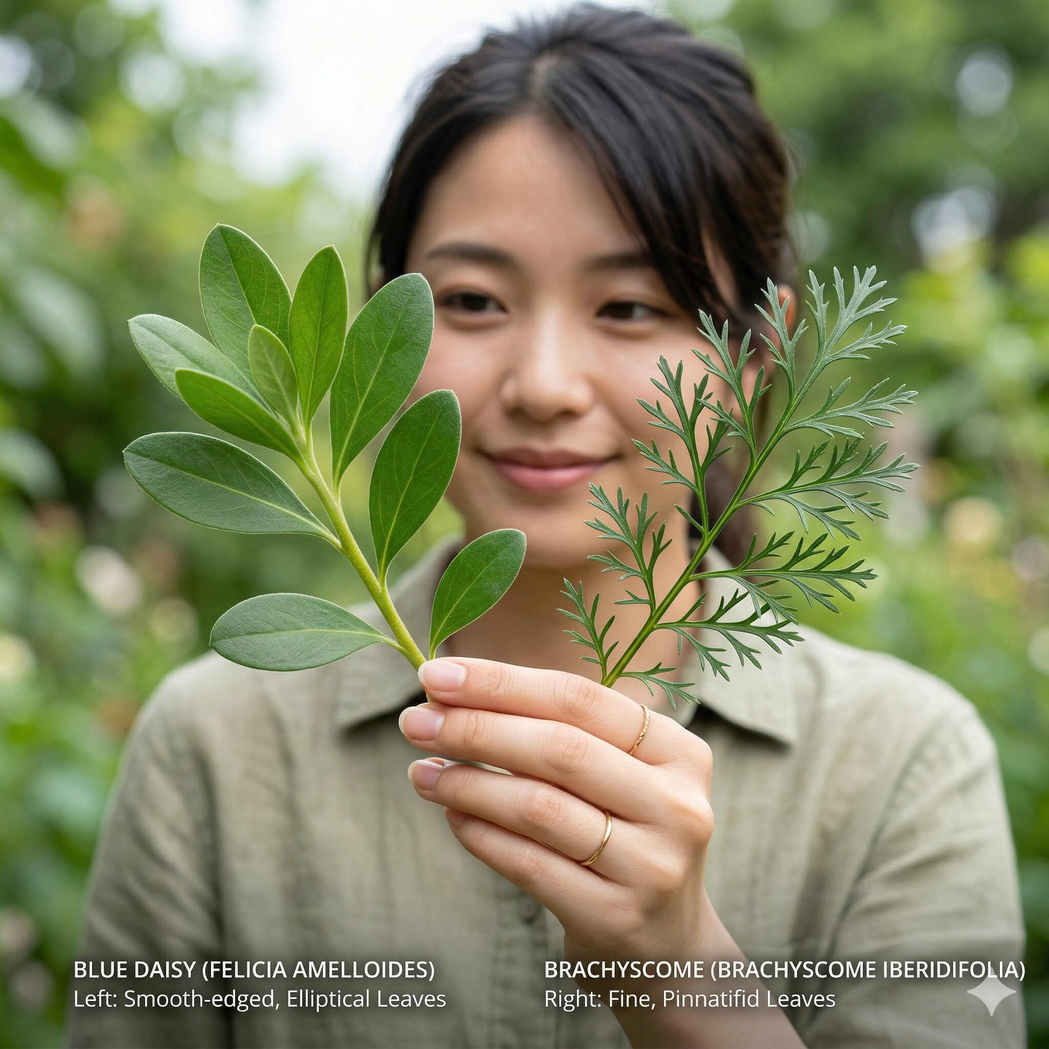 ブルー デージー に似た花2　ブルーデージーとブラキカムの葉の形状を比較した接写画像