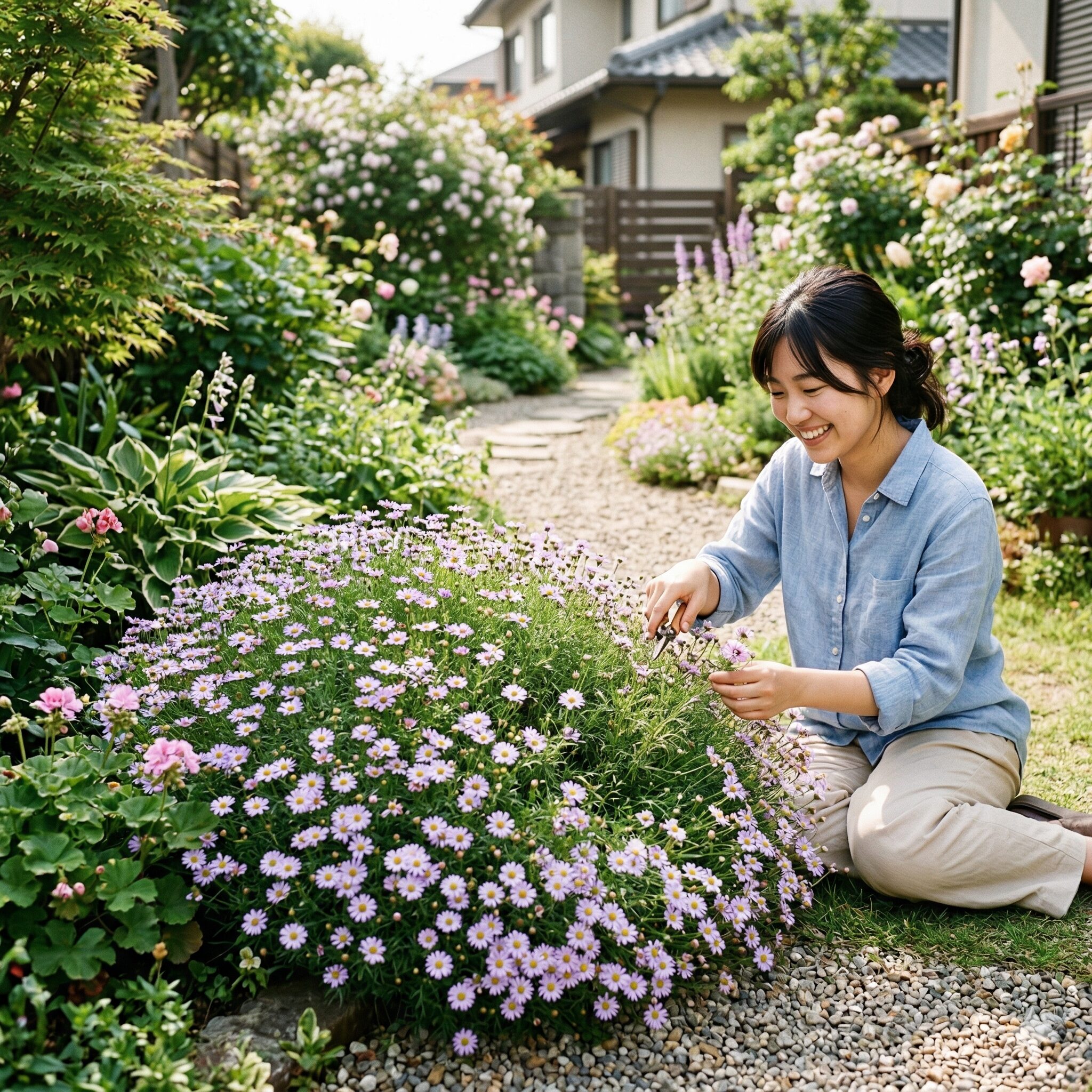 ブルー デージー に似た花3　ナチュラルガーデンの地植えでふんわりと密生して咲くブラキカムの株