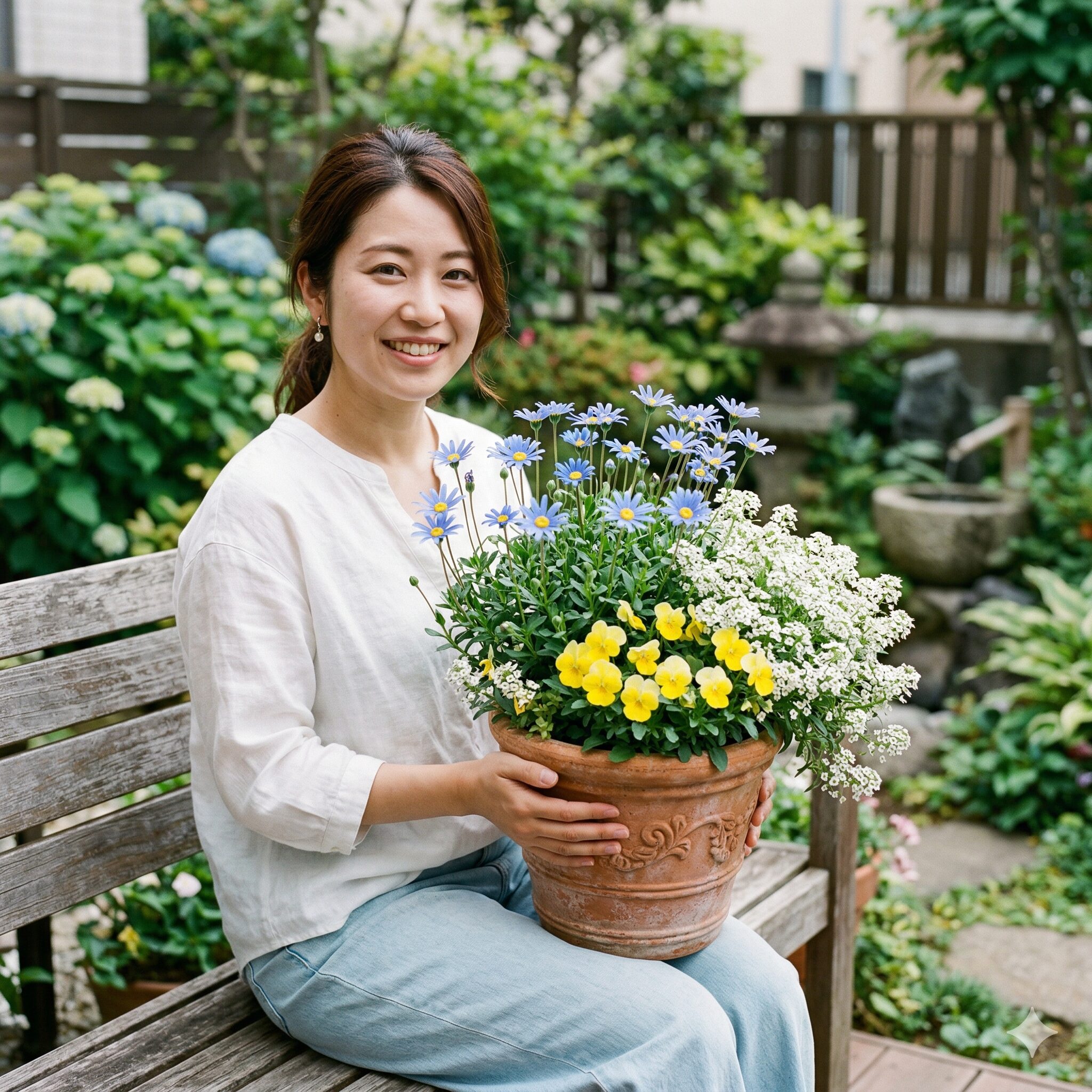 ブルー デージー に似た花7　ブルーデージーと白いアリッサム、黄色のビオラを組み合わせた春の寄せ植え