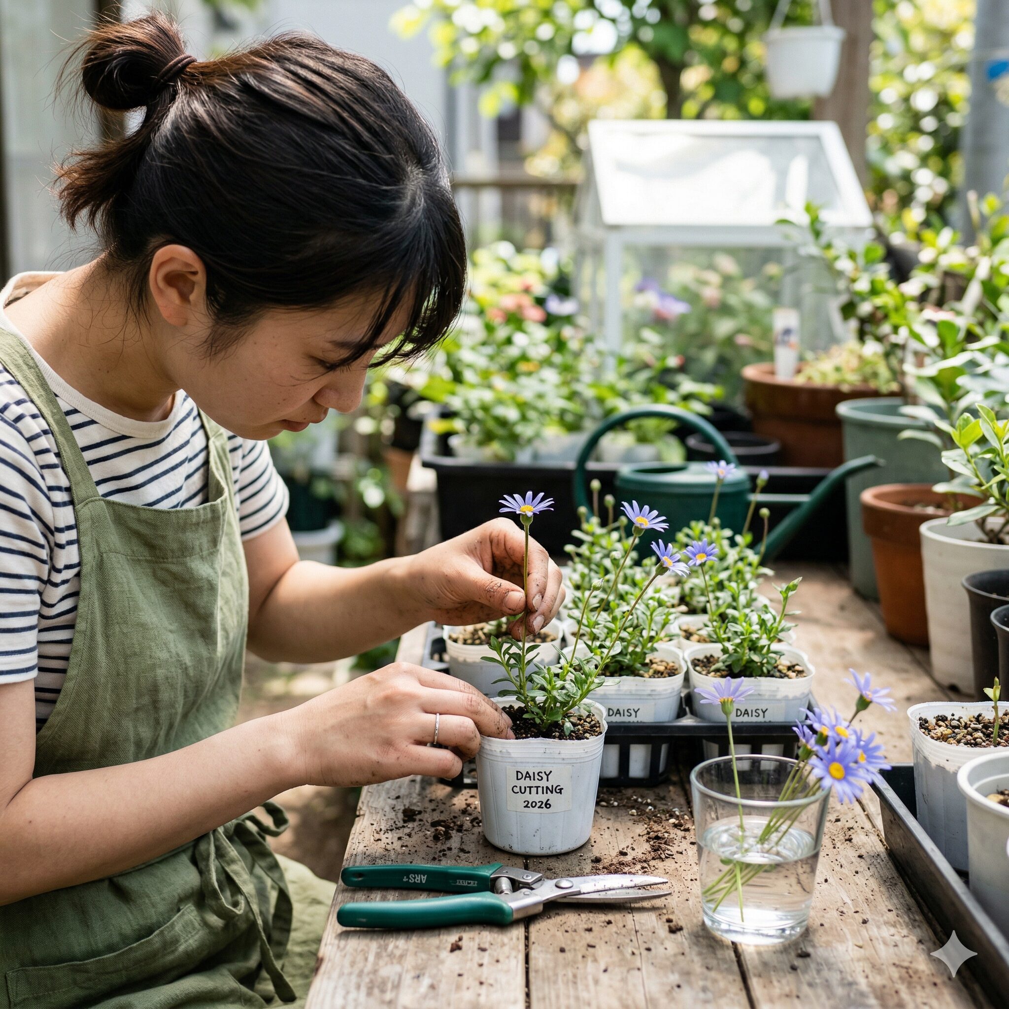 ブルー デージー に似た花9　ブルーデージーの挿し木作業の様子と育苗ポットに挿された挿し穂