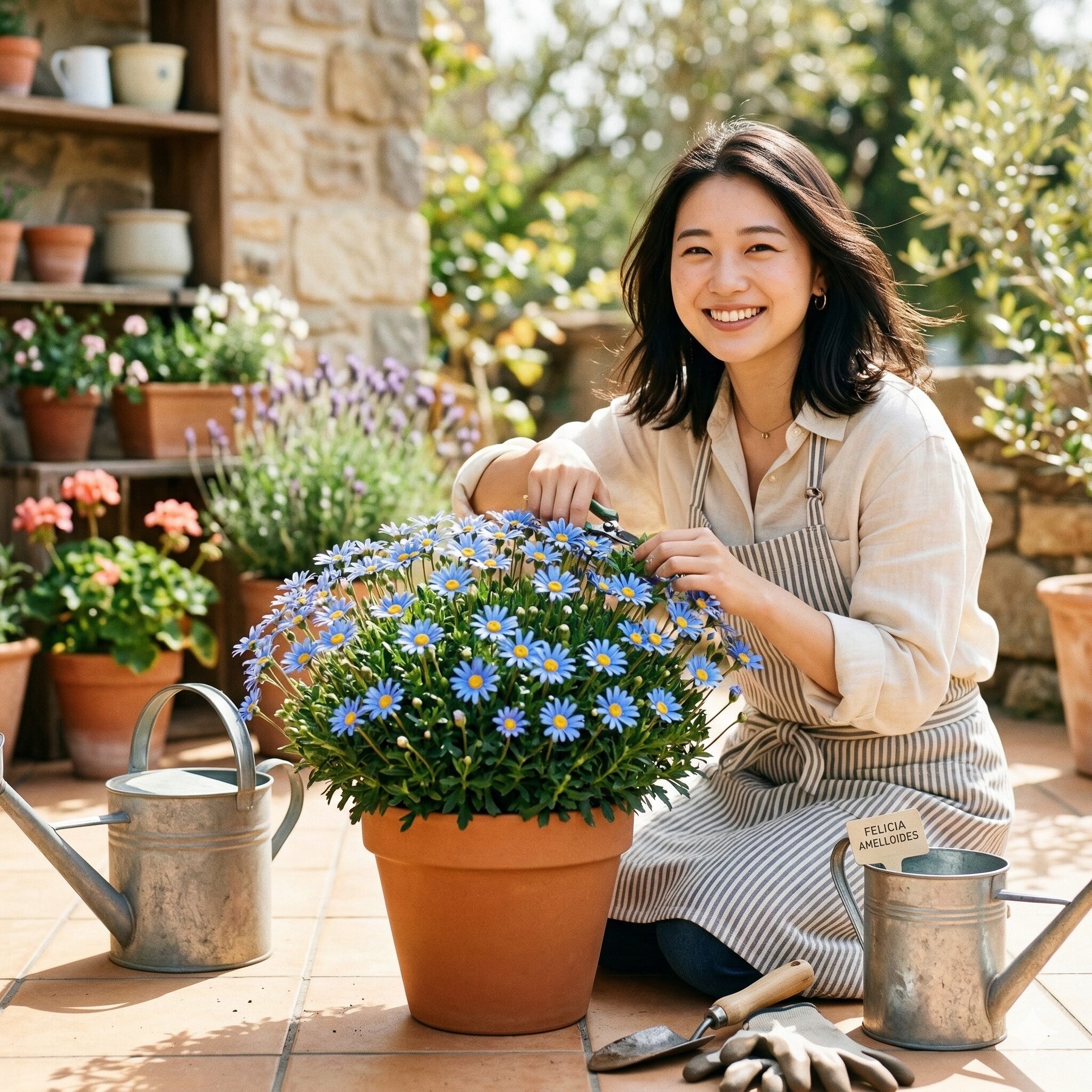 ブルー デージー 伸び すぎ1　太陽の光を浴びてこんもりと美しく満開に咲いたブルーデージーの鉢植え