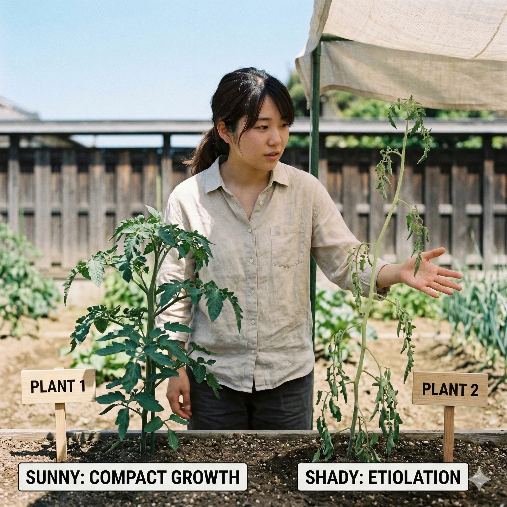 ブルー デージー 伸び すぎ2　ブルーデージーの健全な株と日照不足で徒長（伸びすぎ）した株の比較