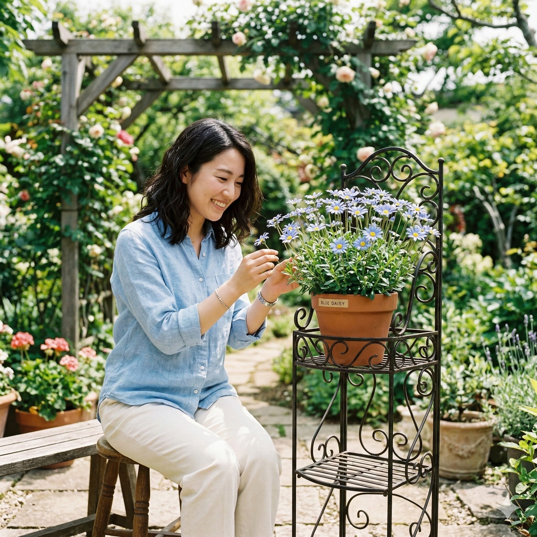 ブルー デージー 伸び すぎ5　夏の暑さ対策としてフラワースタンドで高さを出し風通しを確保したブルーデージー