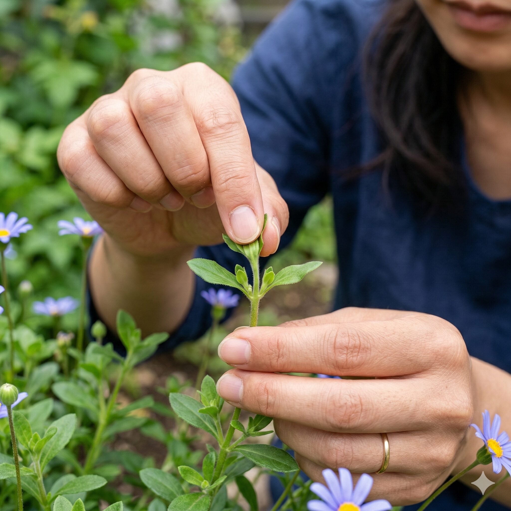 ブルー デージー 伸び すぎ6　ブルーデージーの枝数を増やすための摘心（ピンチ）作業の手順