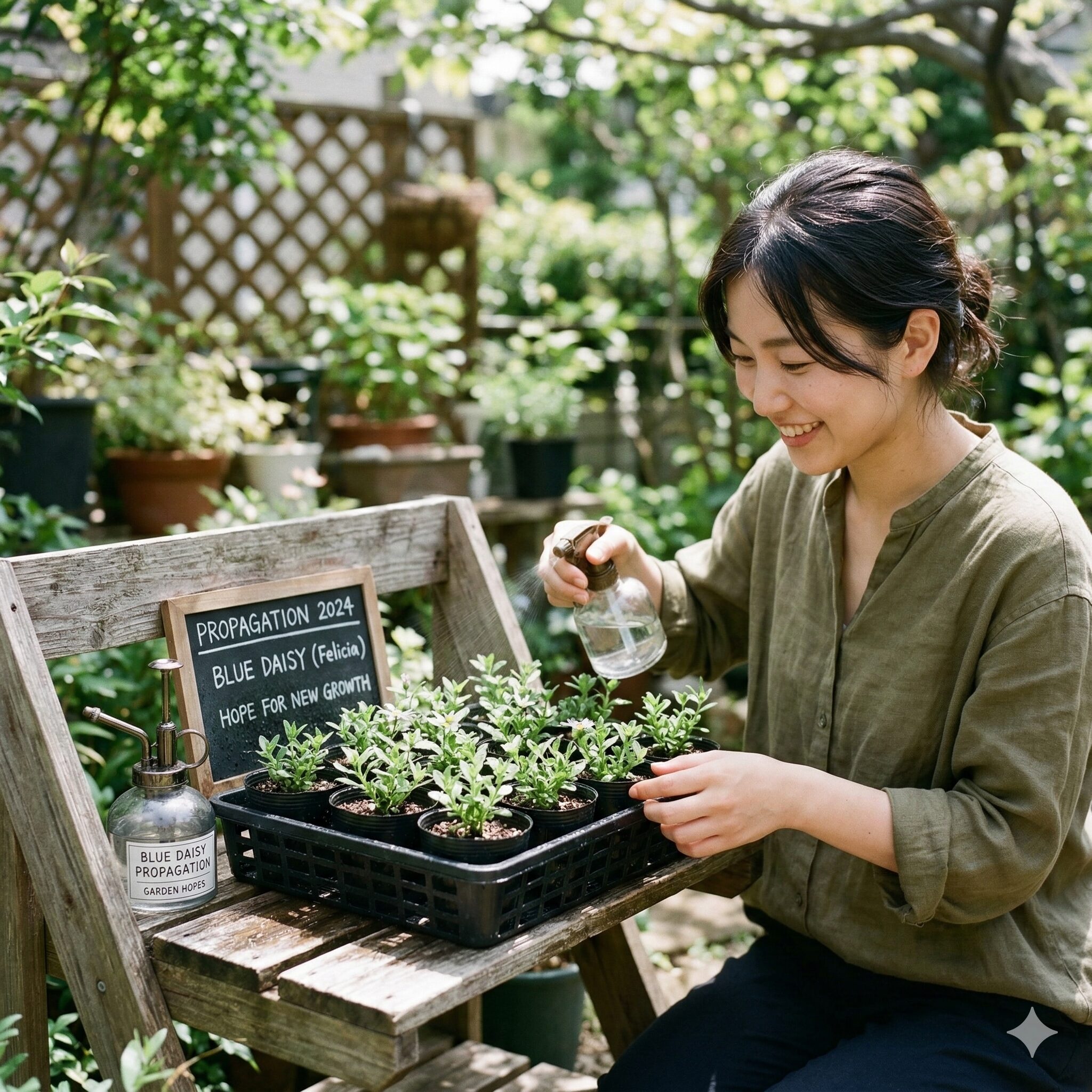 ブルー デージー 伸び すぎ9　ブルーデージーの挿し木。清潔な土に挿して発根を待つ若い苗