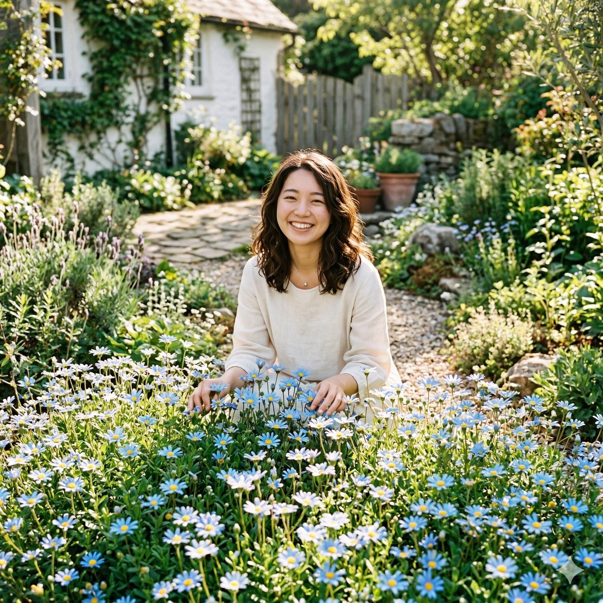 ブルー デージー 地 植え1　庭の地面に地植えされ満開に咲き誇るスカイブルーのブルーデージーの花壇