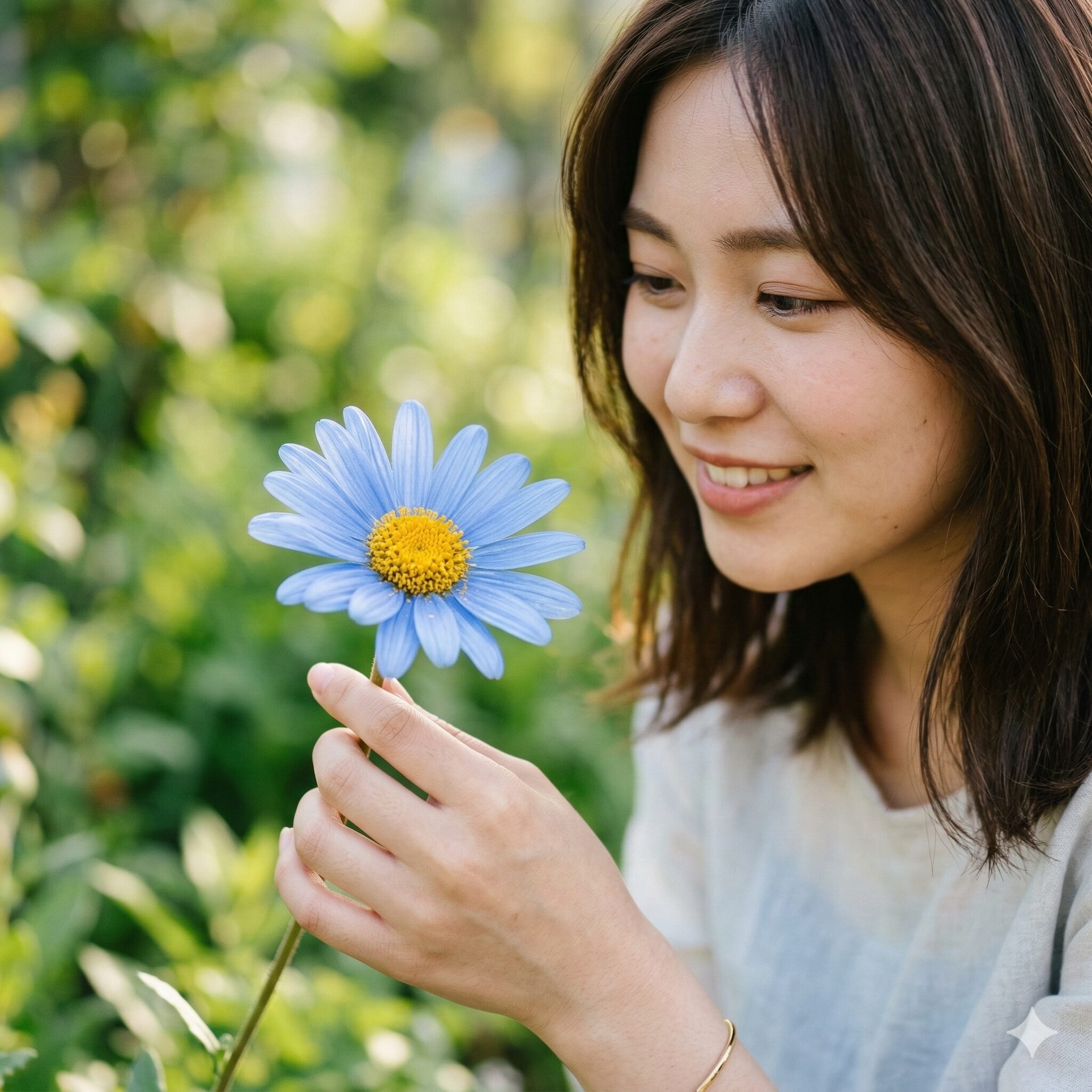 ブルー デージー 地 植え2　ブルーデージー（フェリシア）の鮮やかな青い花びらと黄色の中心部の拡大写真