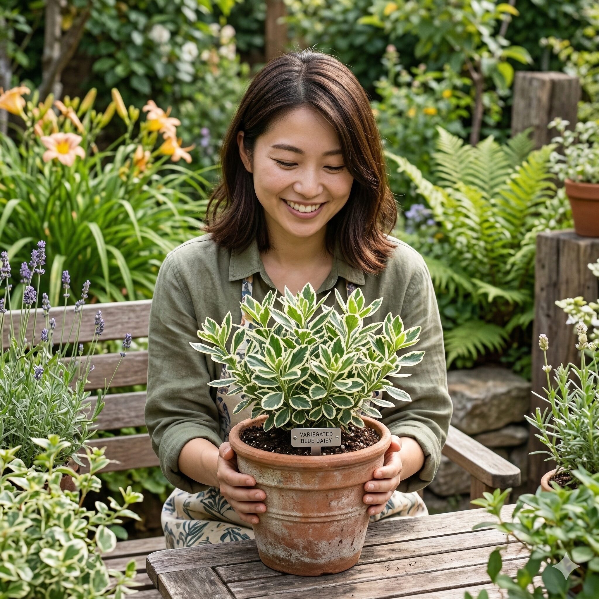 ブルー デージー 地 植え3　白い斑が入ったブルーデージーの美しい葉の様子