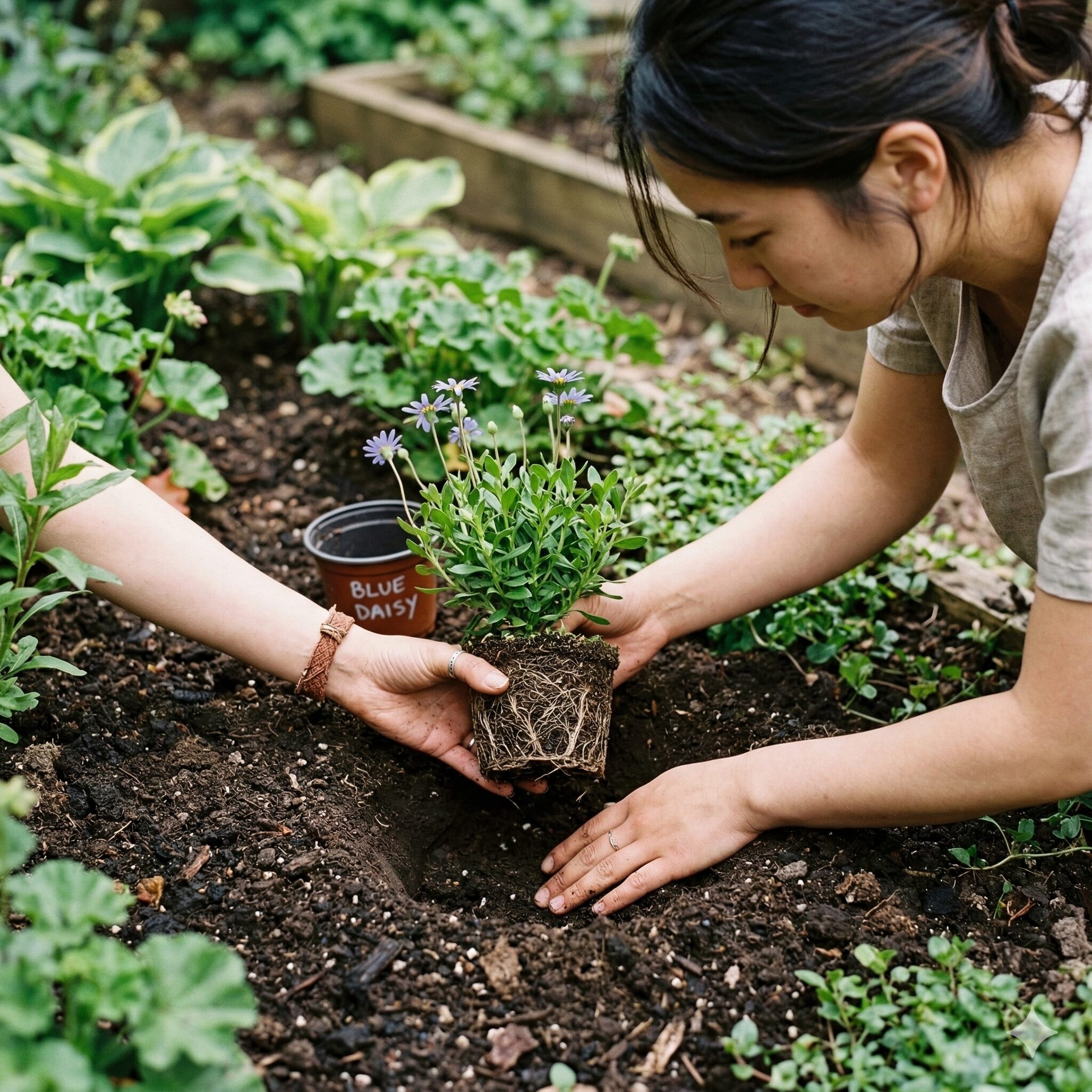 ブルー デージー 地 植え4　根鉢を崩さずにブルーデージーの苗を庭に植え付ける手順の様子